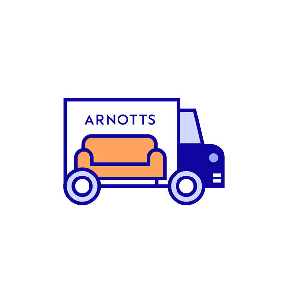 Illustration of a delivery truck with 'ARNOTTS' and a sofa image on the side.