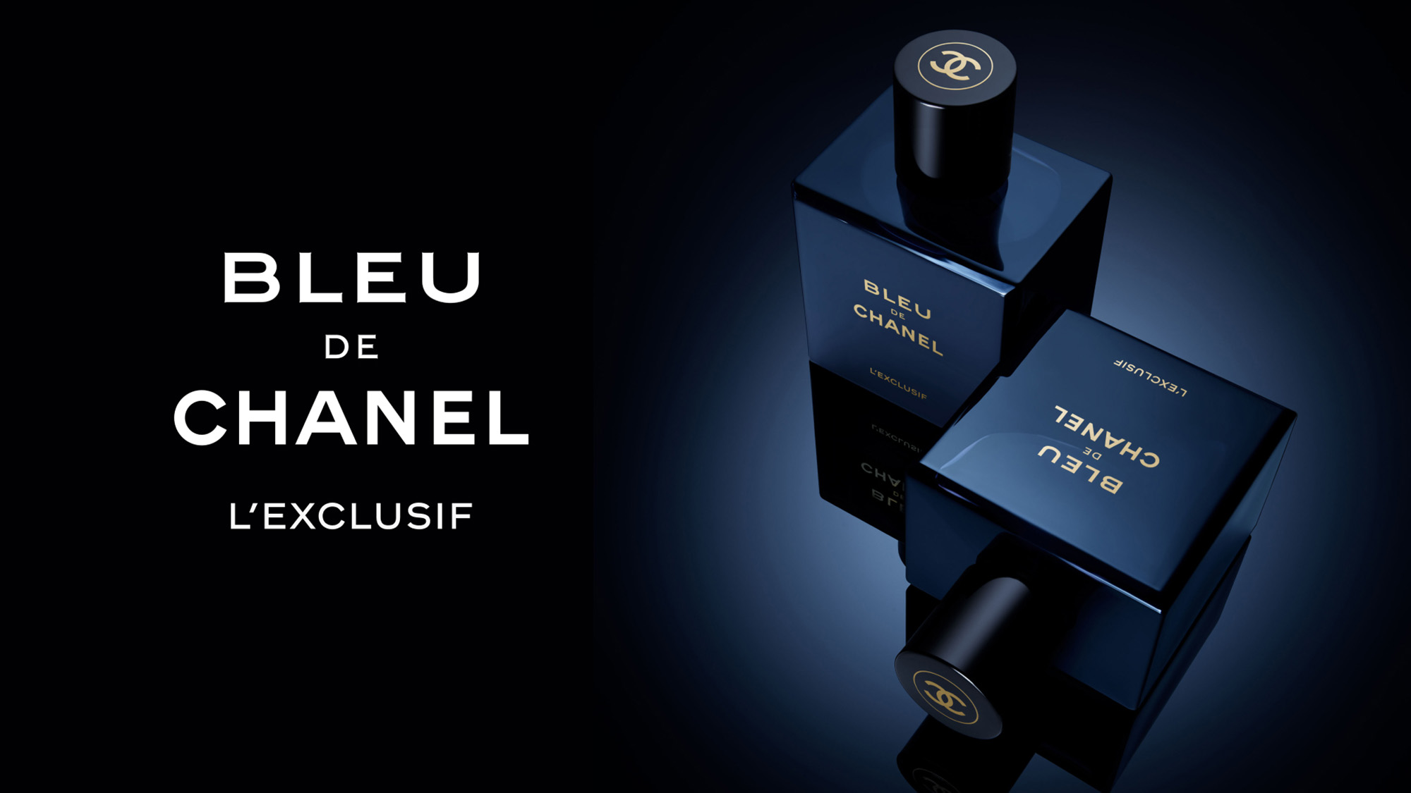 Dark-themed image featuring two bottles of Bleu de Chanel L'Exclusif perfume and the product name on the left.