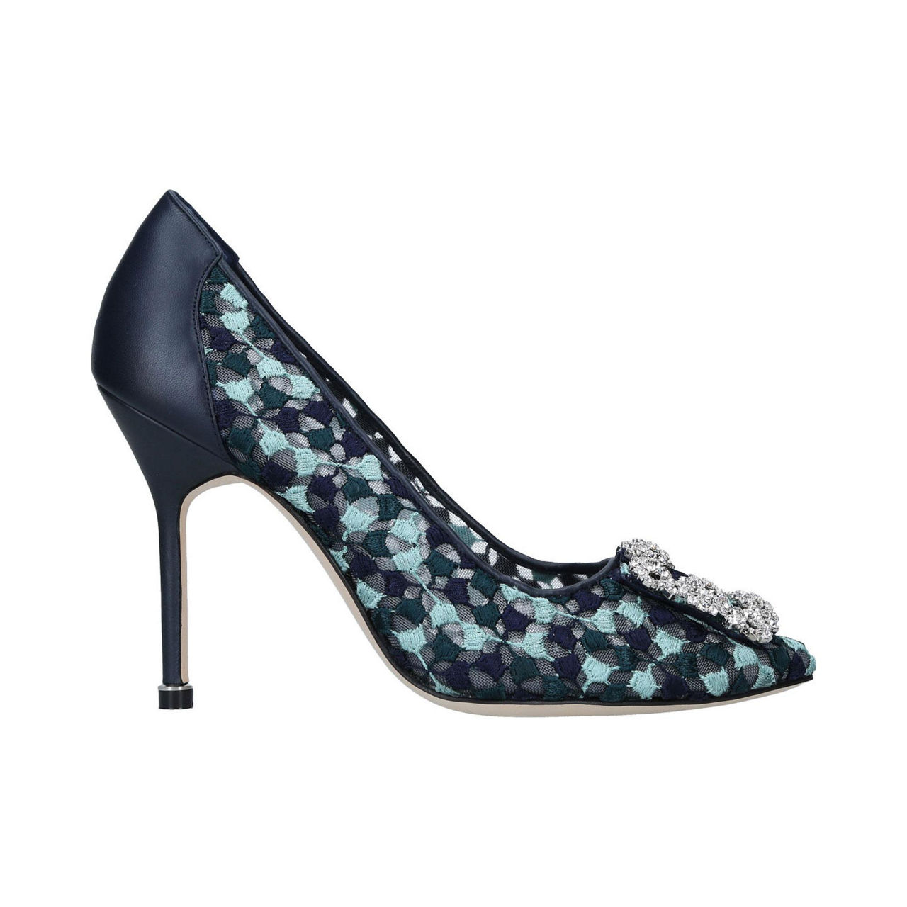 MANOLO BLAHNIK Hangisi 105 Lace Jewel Buckle Pumps BLUE