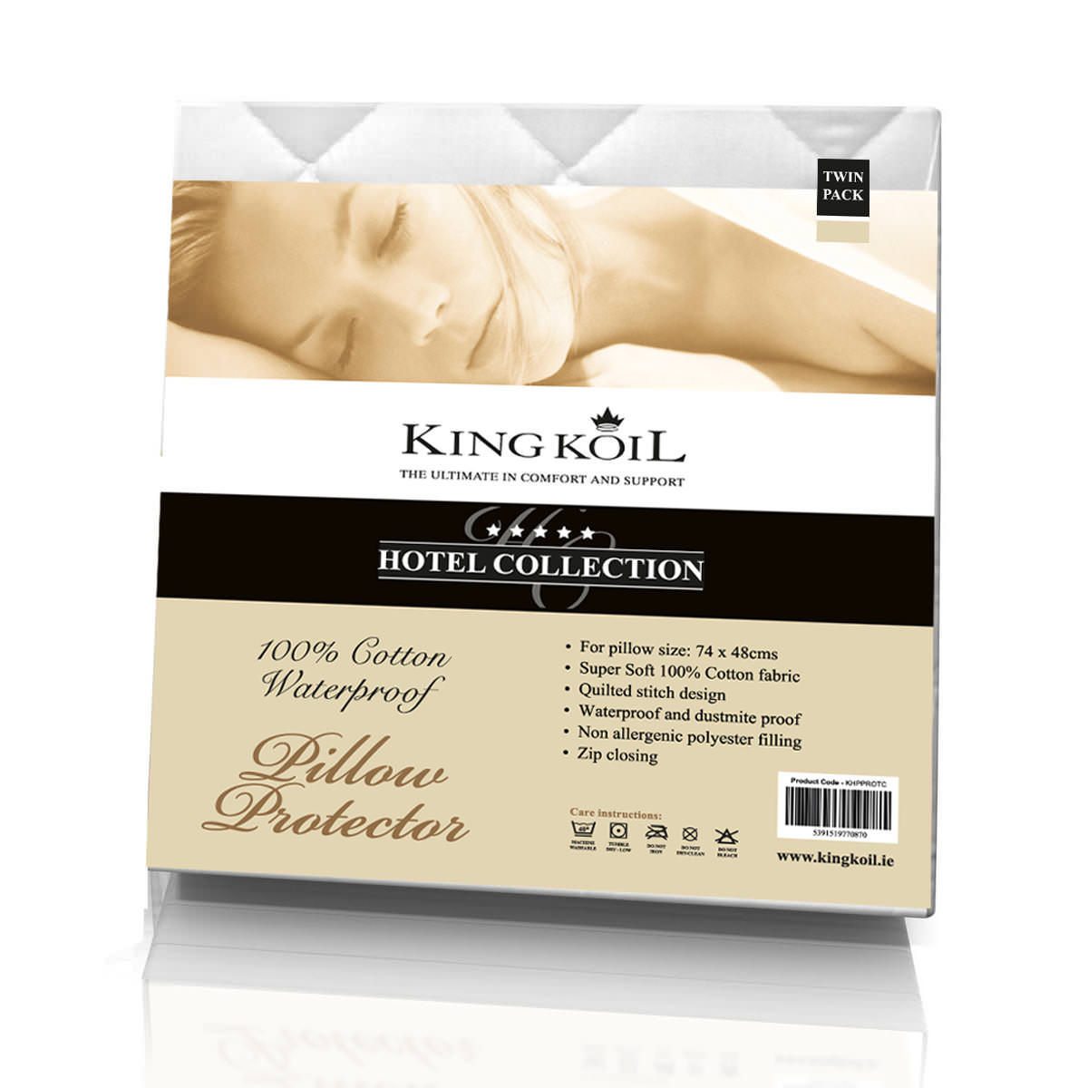 Kaymed & Kingkoil Hotel Pillow Protector Pair, white quilted cotton waterproof twin pack in packaging