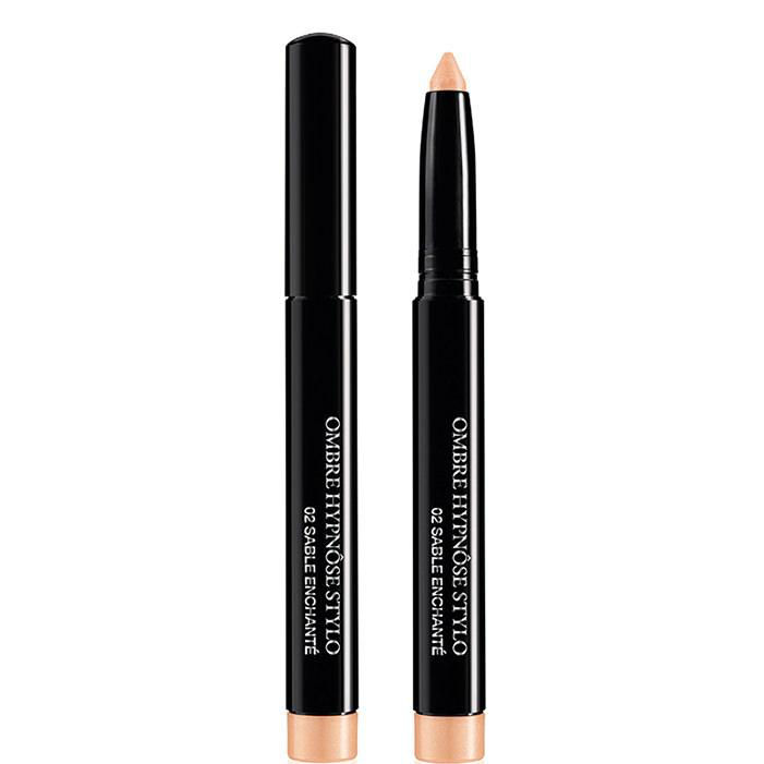 Lanc&ocirc;me Ombre Hypnose Stylo Cream Eye Shadow Stick in nude-beige, shown capped and uncapped as a twist-up pencil format