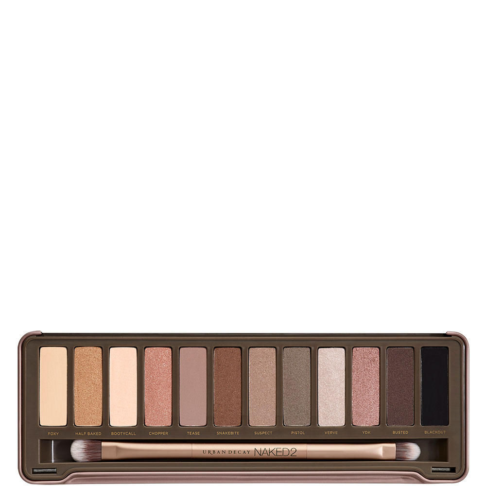 Urban Decay Naked Eyeshadow Palette with 12 neutral matte and shimmer shades in rose-bronze tones, with double-ended brush