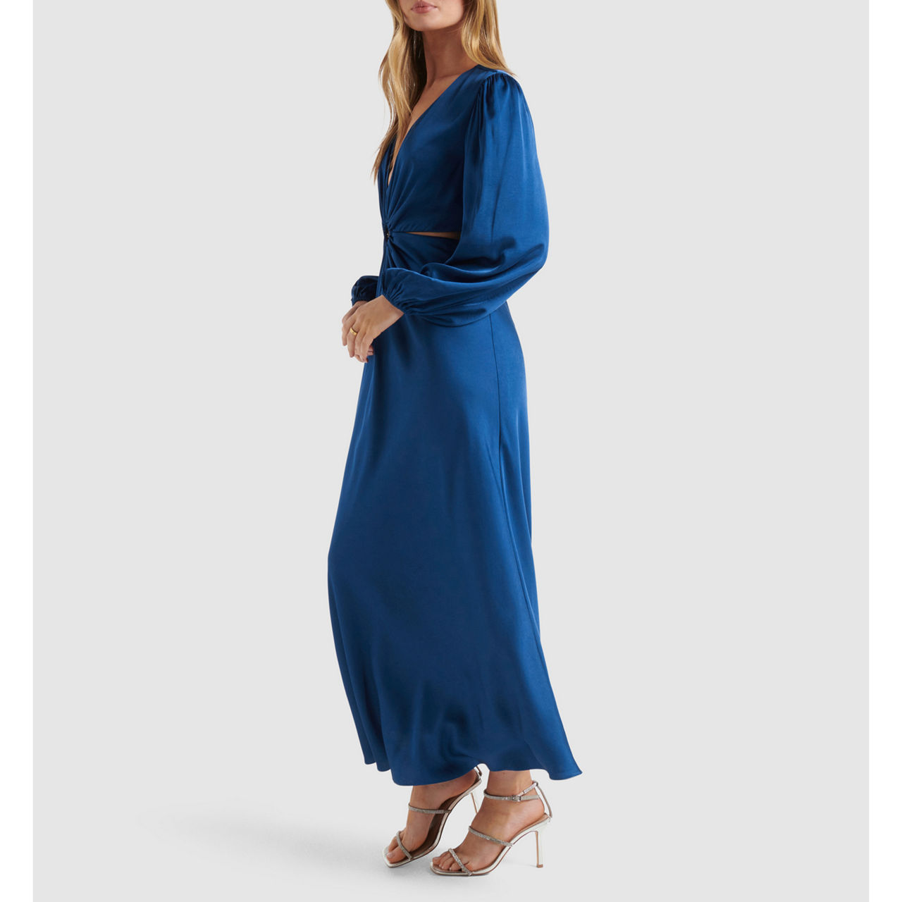 giselle cut out satin midi dress Liv Foster Giselle Cutout Satin Column Gown