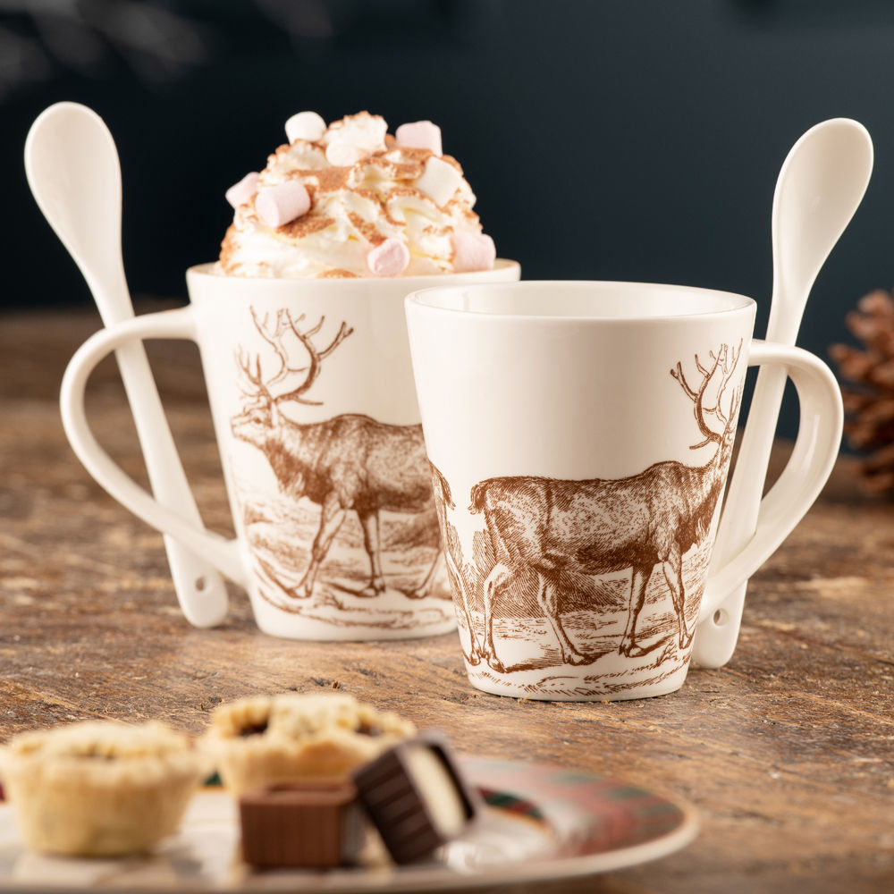 Hot Chocolate Reindeer Mugs & Spoons Set of 2