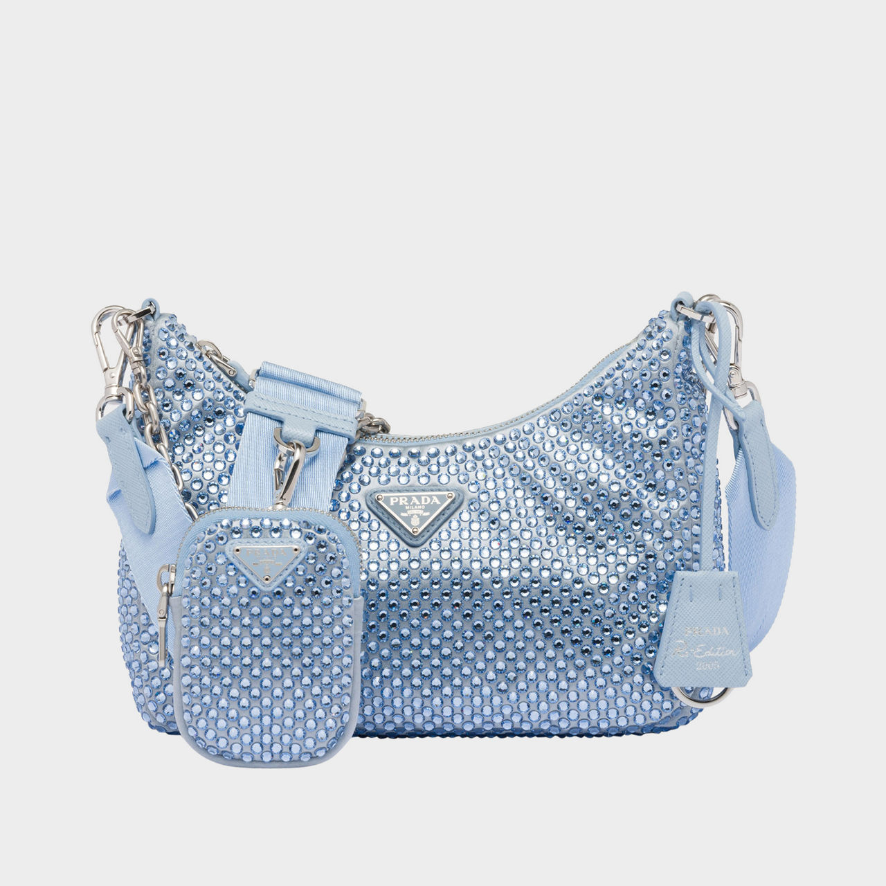 PRADA Re-Edition 2005 Embellished Satin Shoulder Bag Celeste