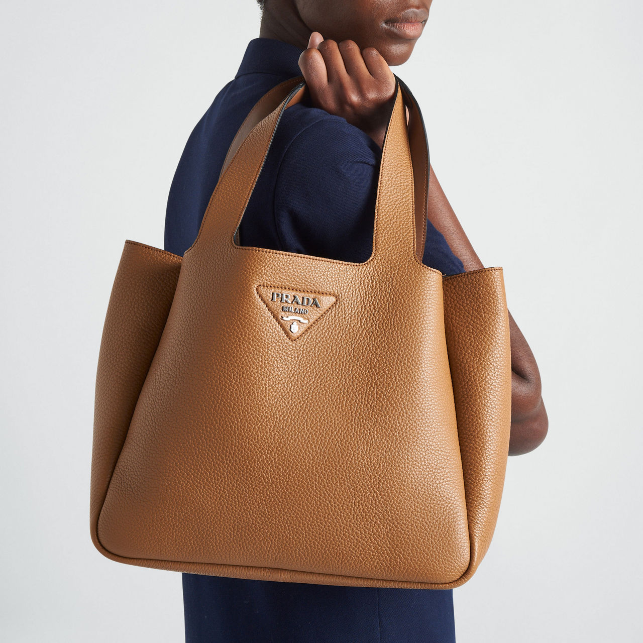 PRADA Leather Reverse Stitching Tote Bag