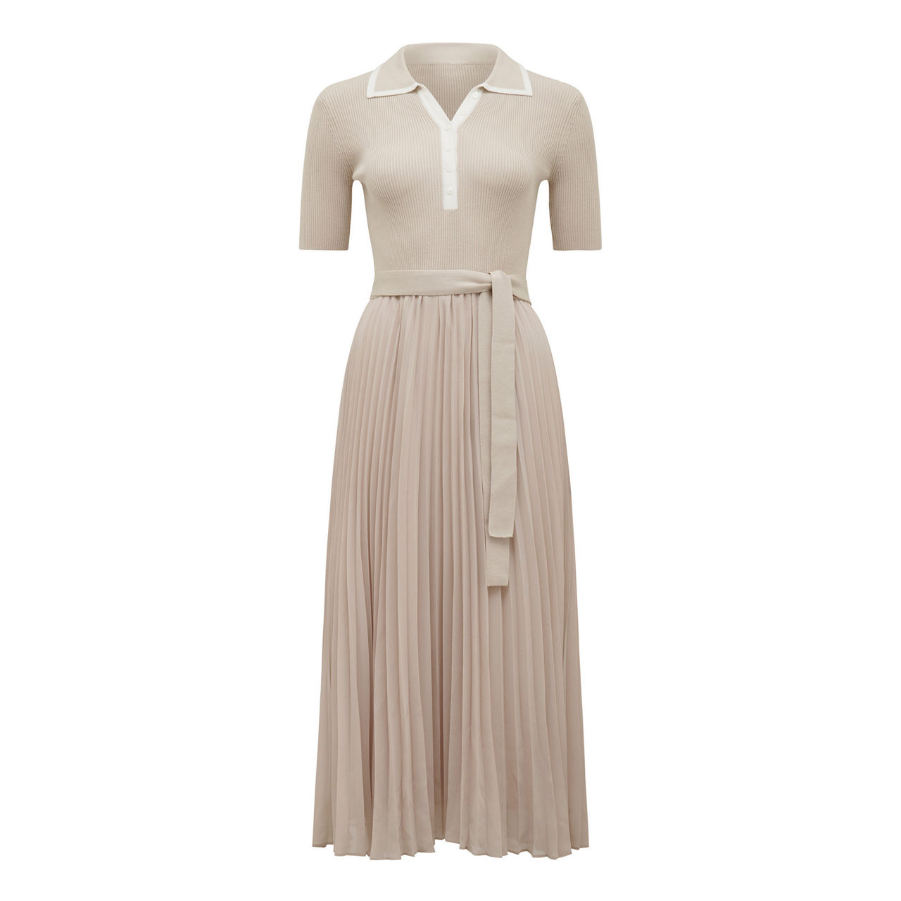 strapless open back dress SANDRO VICTOIRE SILK-WOOL POLO PLEATED KNIT MIDI DRESS – Dark Blue main image 0