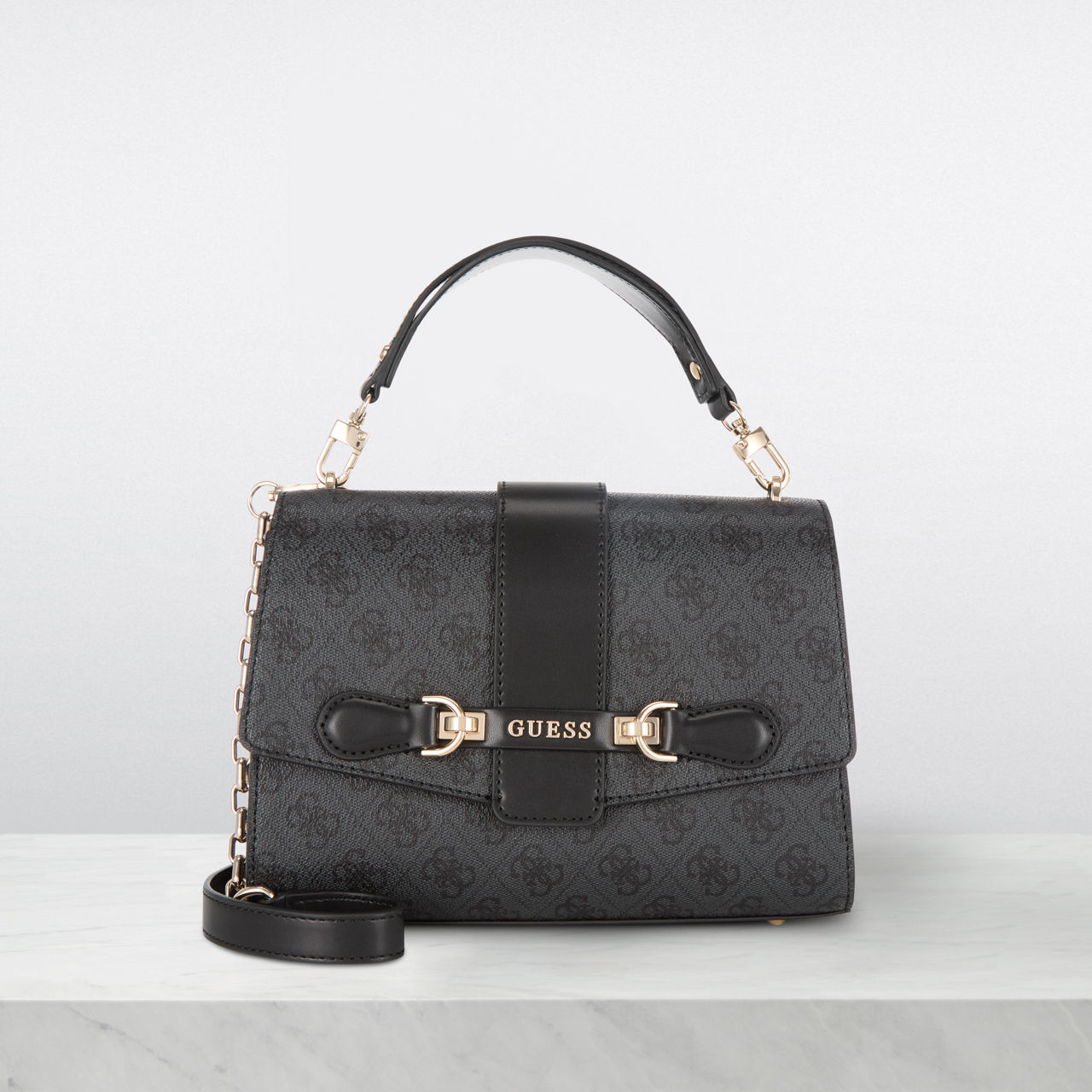 GUESS Nolana Top Handle Flap Bag - Borsa A Tracolla In Pelle Lucida Nero, Dimensioni 23x16.5x8 Cm