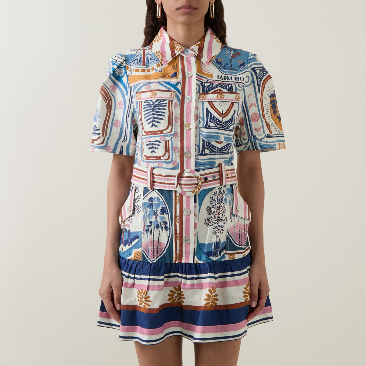FARM RIO Cerrado Stamps Mini Shirt Dress