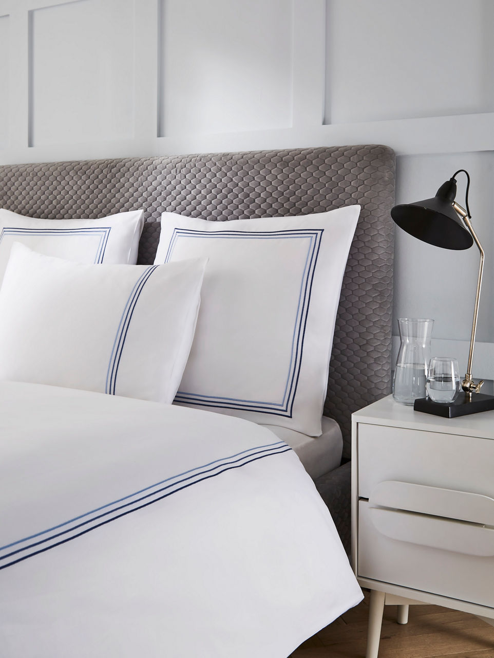 Triple Row Cord Square Pillowcase Pair Blues on White Triple Row Cord Square Pillowcase Pair Blues on White