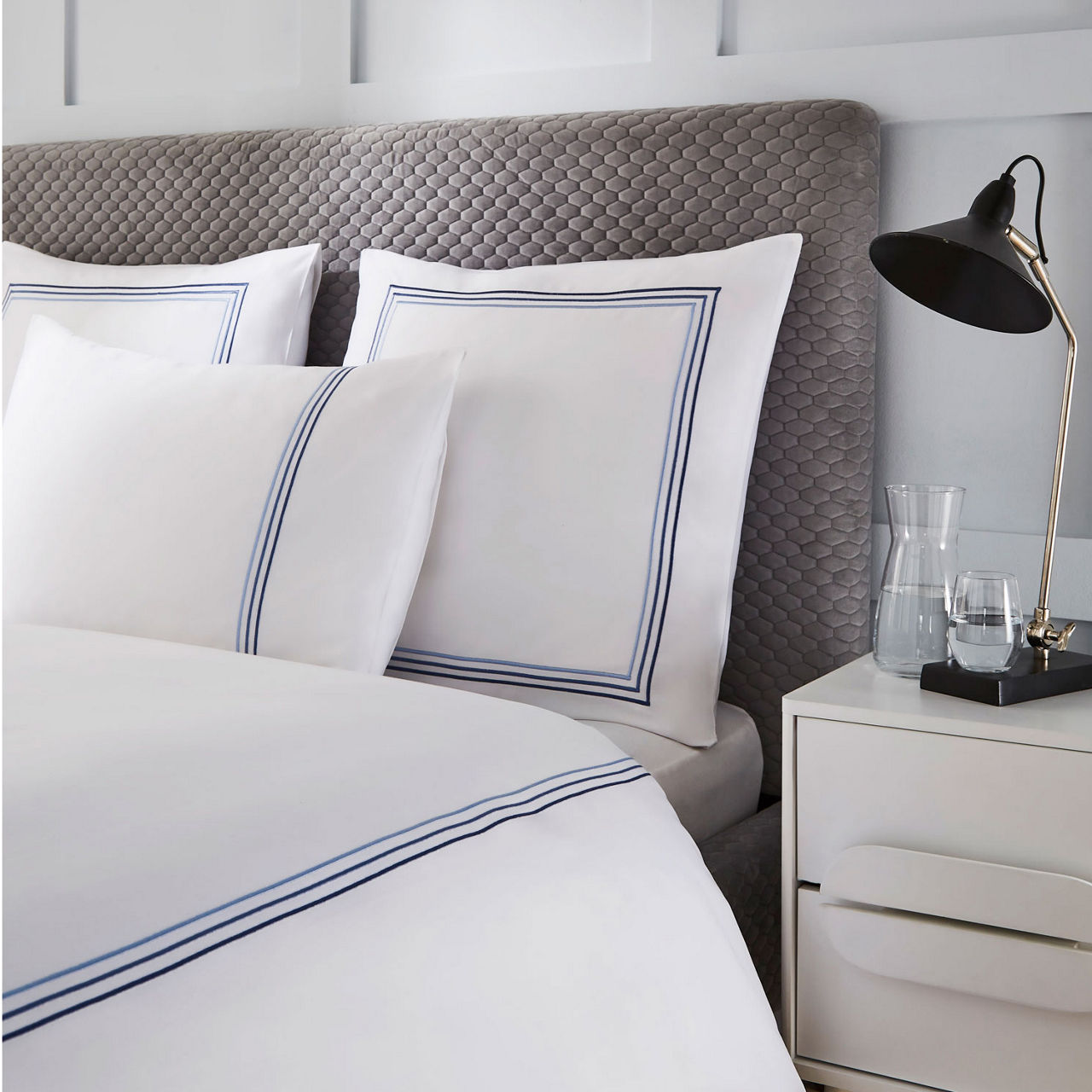 Triple Row Cord Square Pillowcase Pair Blues on White