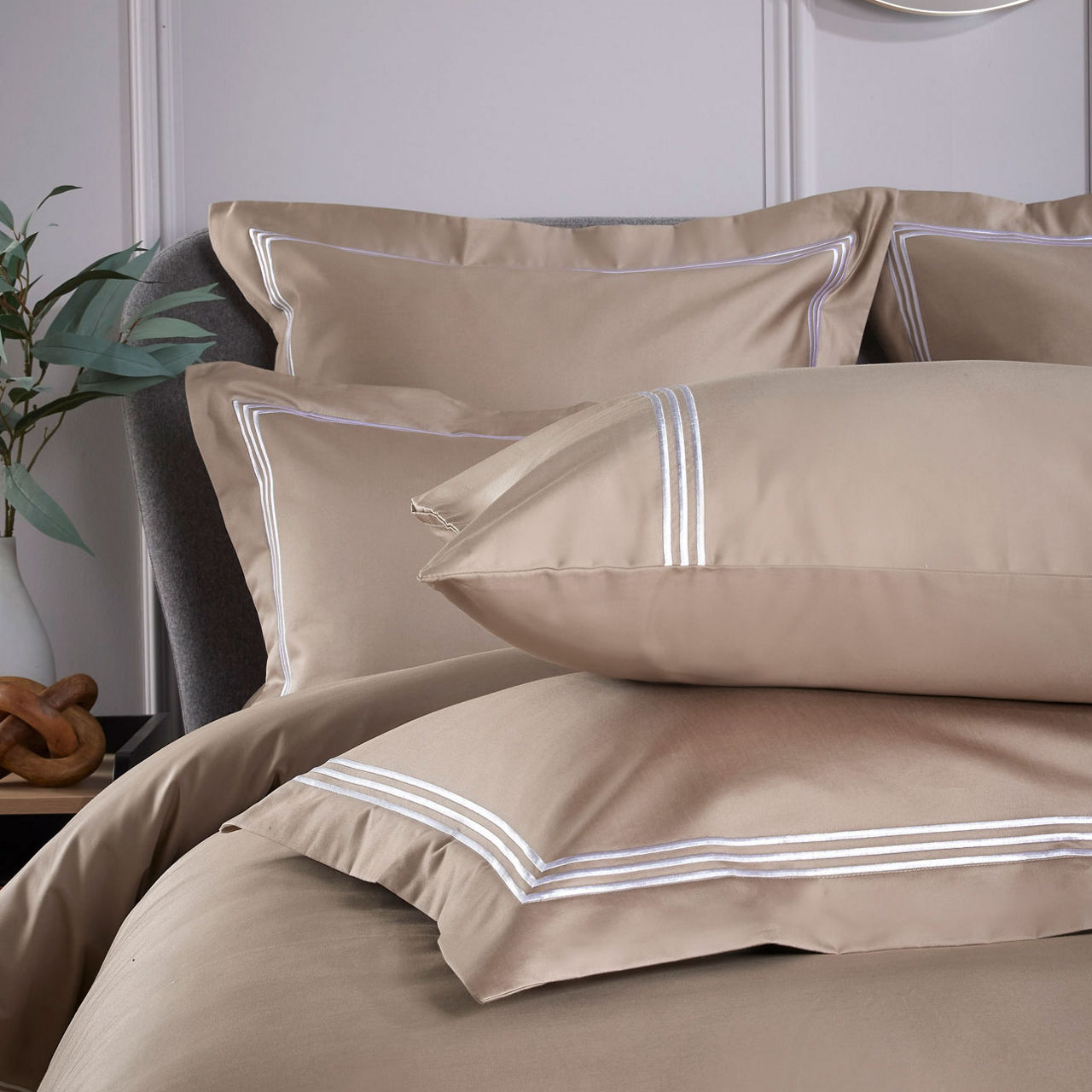 Triple Row Cord 800 Thread Count Standard Pillowcase Pair White on Flax