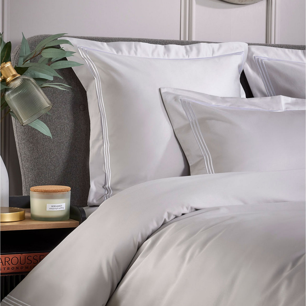 Triple Row Cord 800 Thread Count Pillowcase Square White on Grey