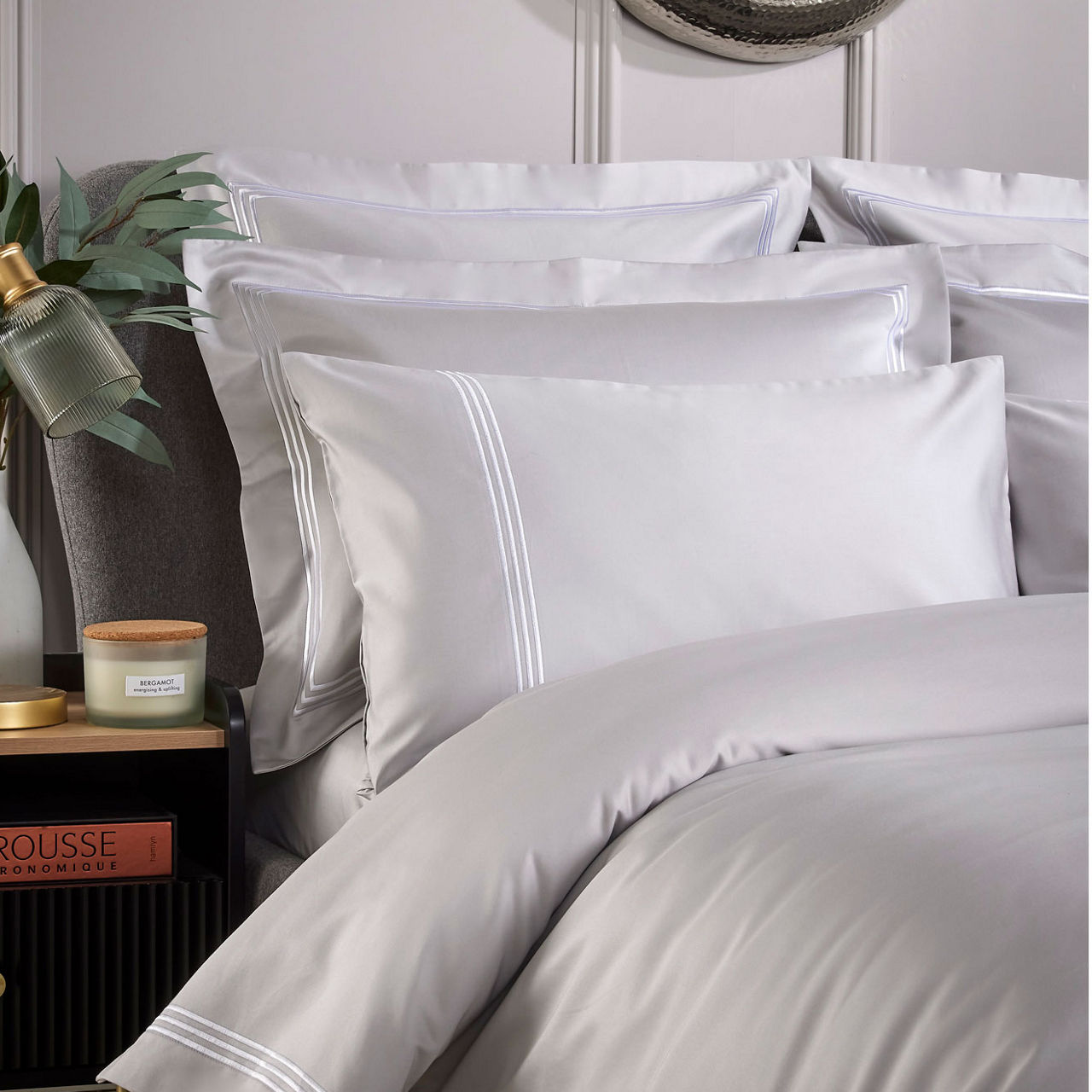 Triple Row Cord 800 Thread Count Standard Pillowcase Pair White on Grey
