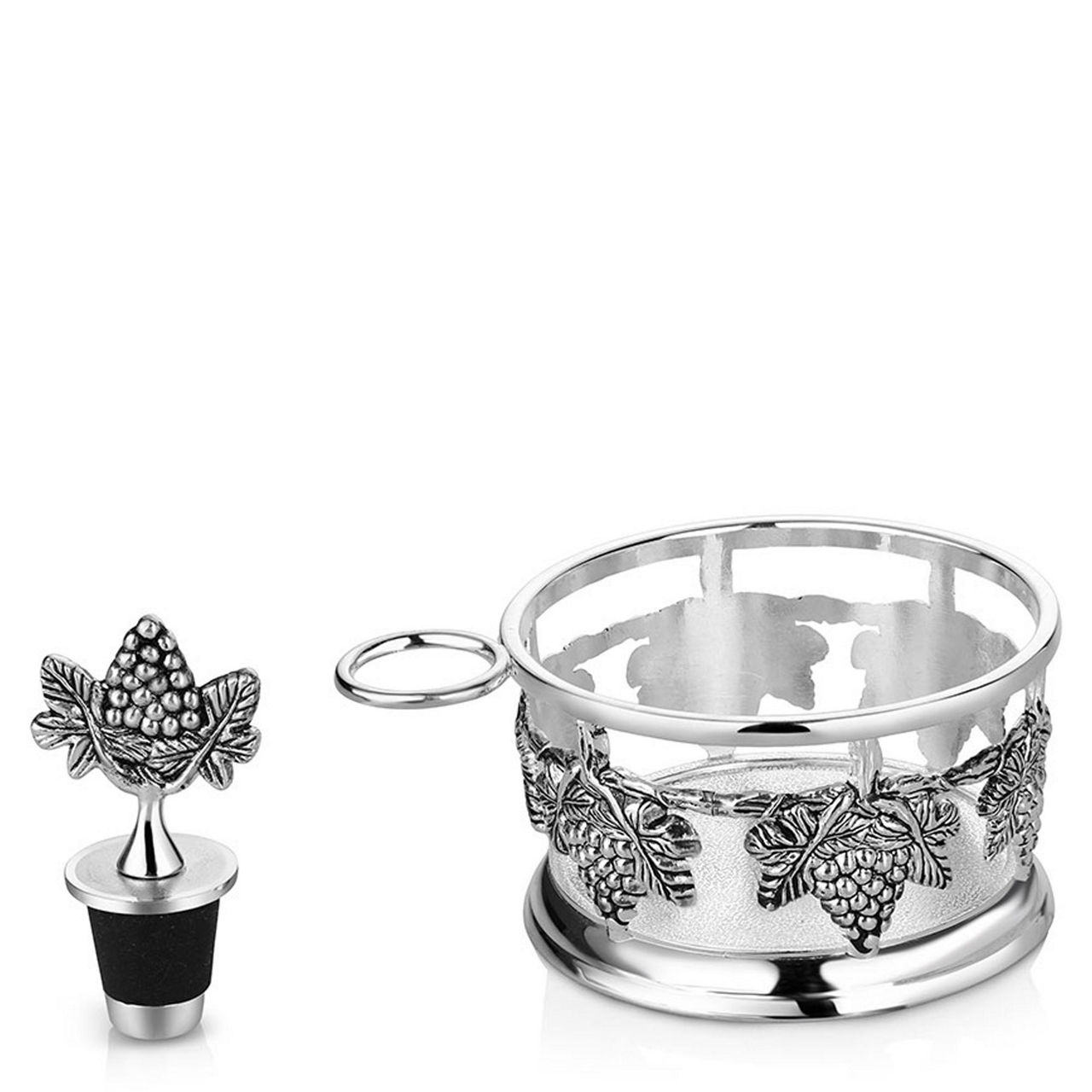 Silver Plated Grape Bottle Coaster & Stopper Set