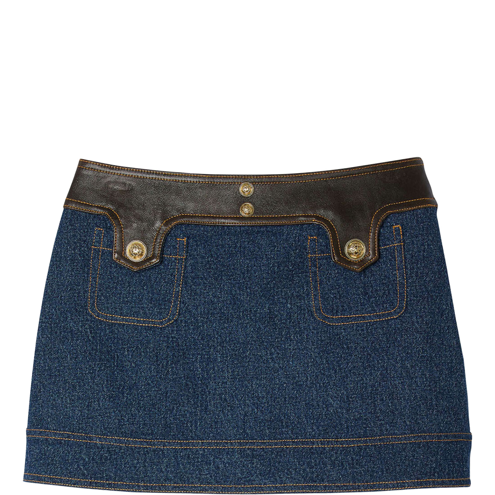 Leather Trim Denim Mini Skirt