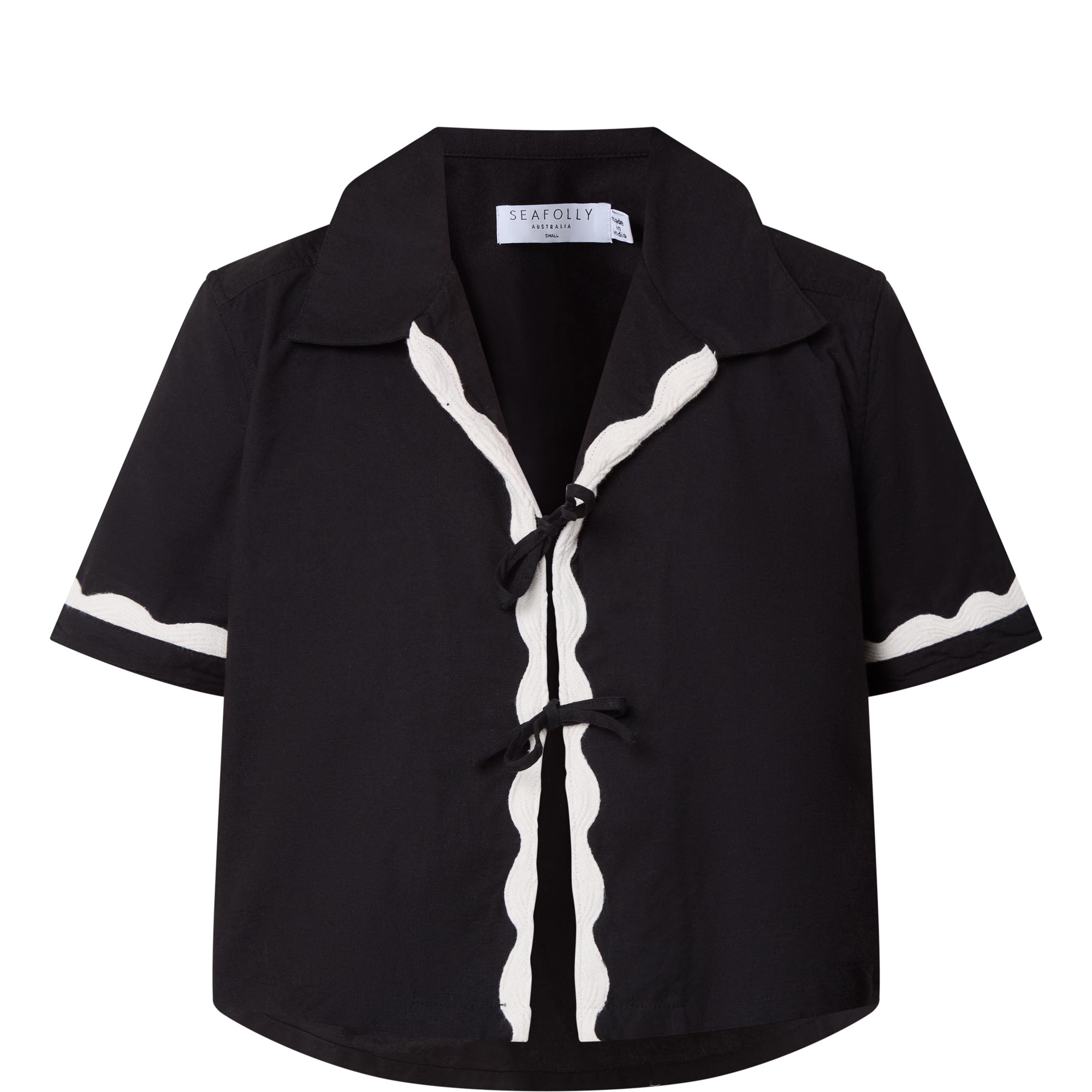 Contrast Trim Tie-Fastening  Shirt