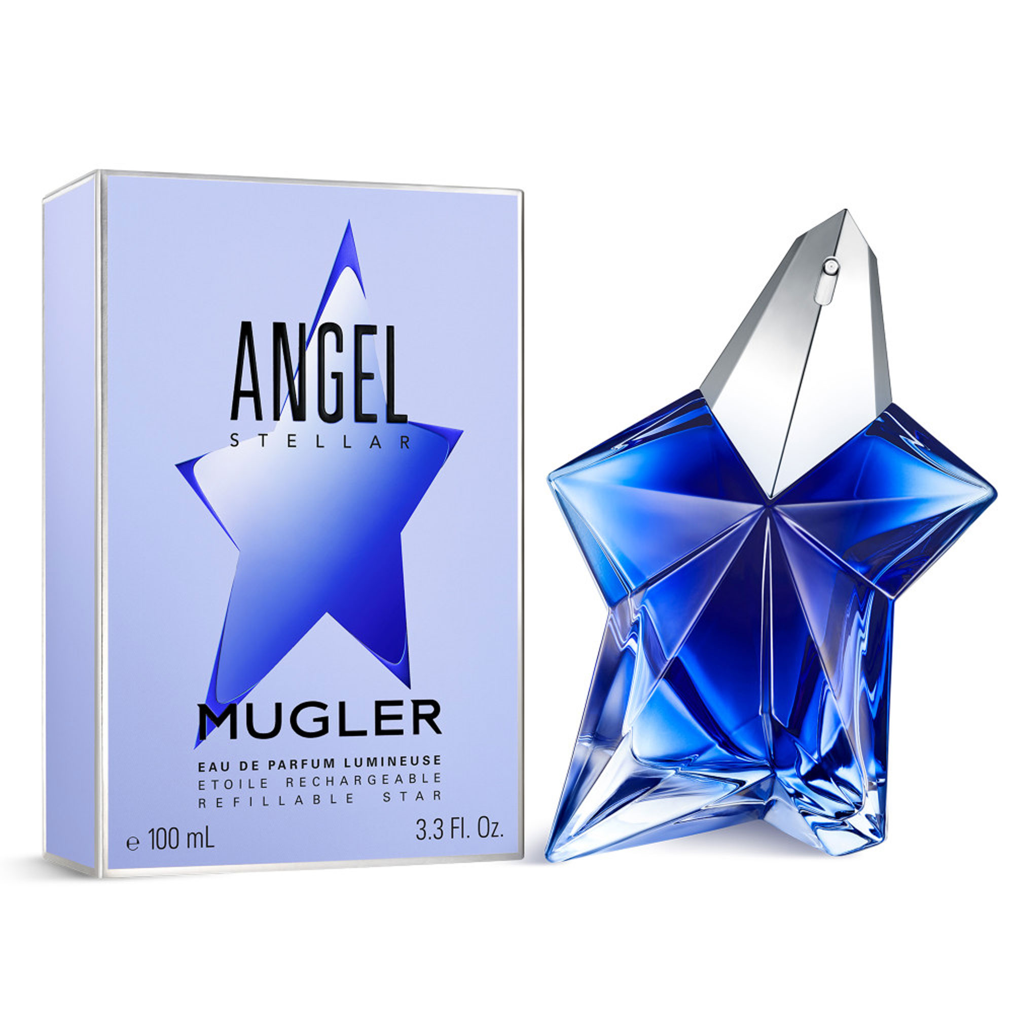 MUGLER Angel Stellar Eau de Parfum 100ml, blue star-shaped refillable bottle with silver faceted cap beside white box packaging