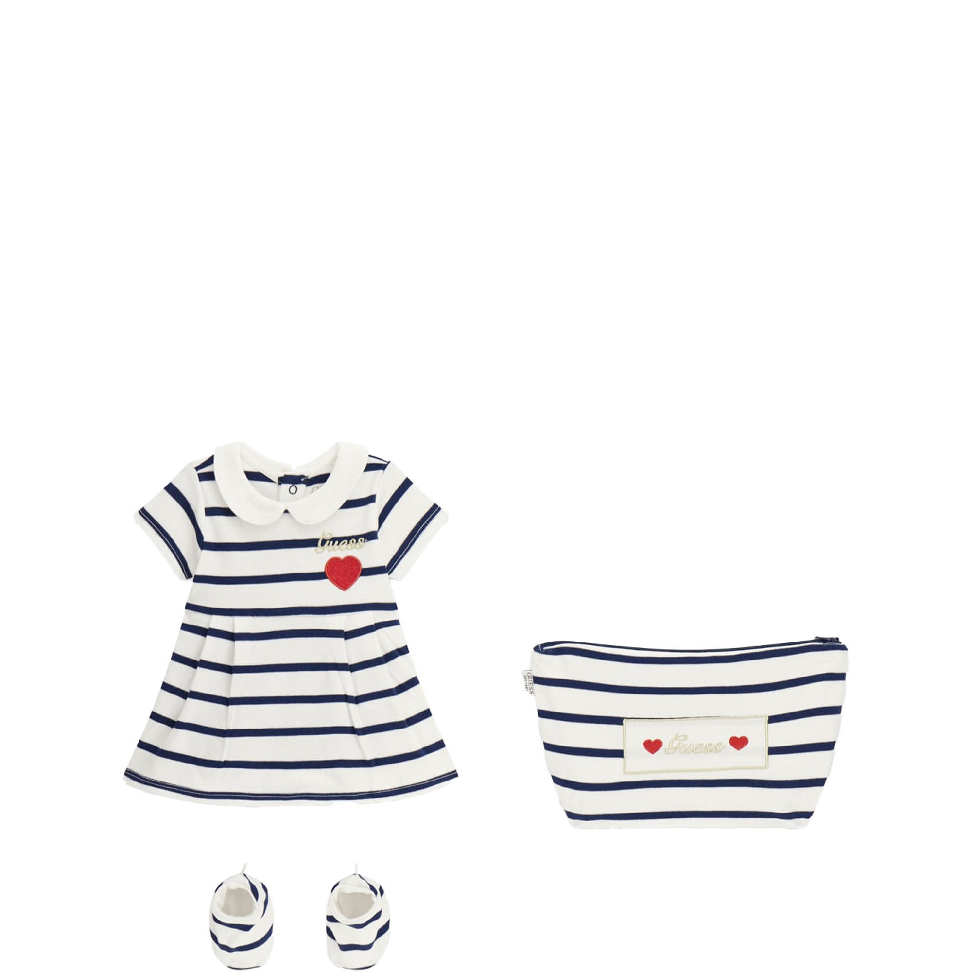 Stripe Heart Dress, Booties & Pouch Three-Piece Set