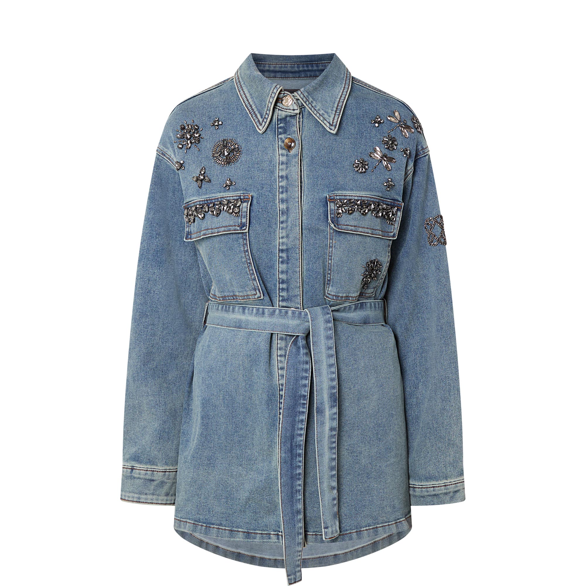 Embellished Belted Denim Shirt