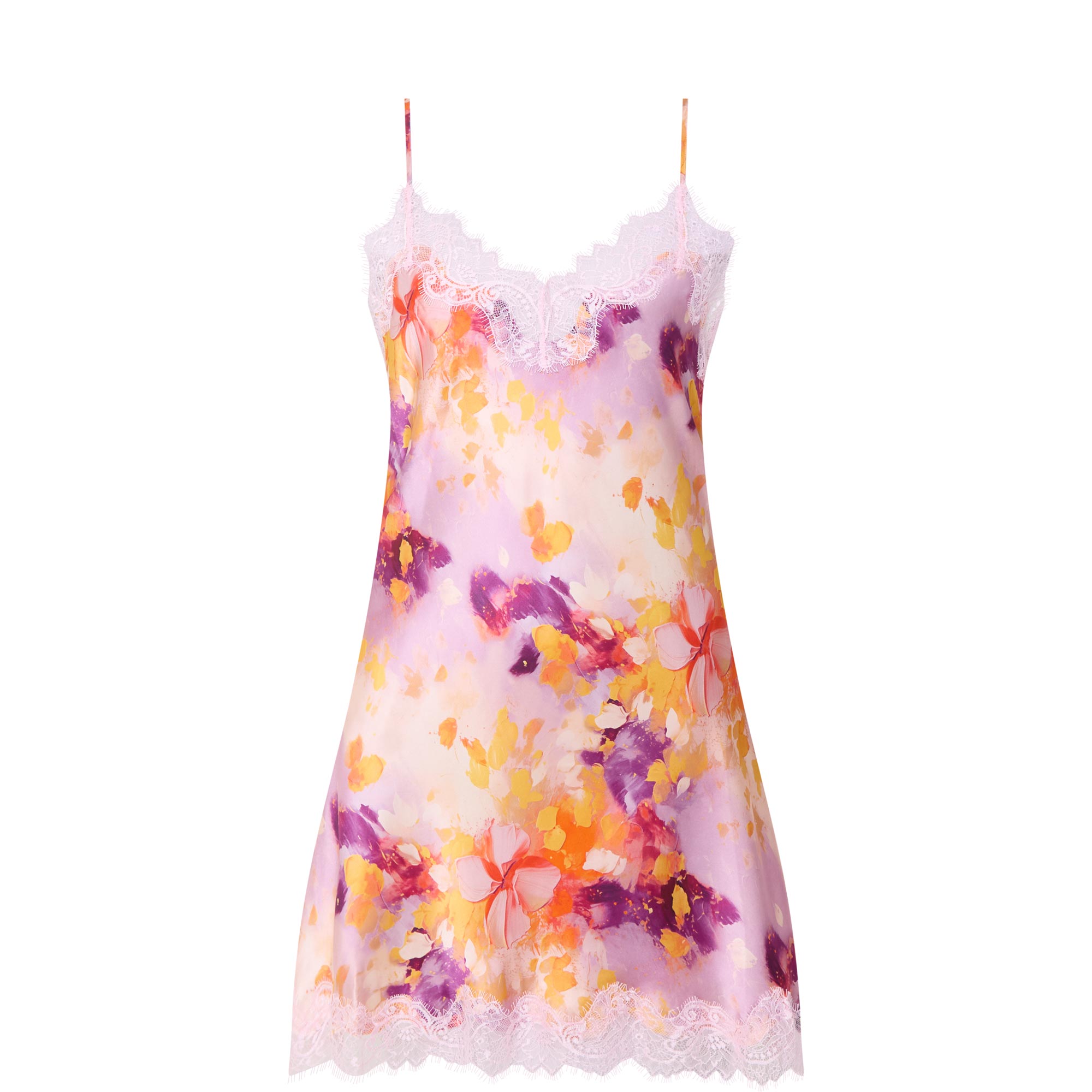 Lace Trim Printed Silk Chemise