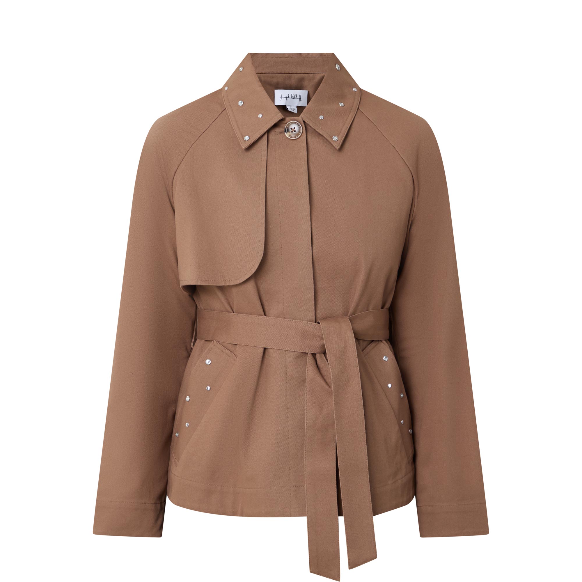 Short Stud Embellished Belted Trench Coat