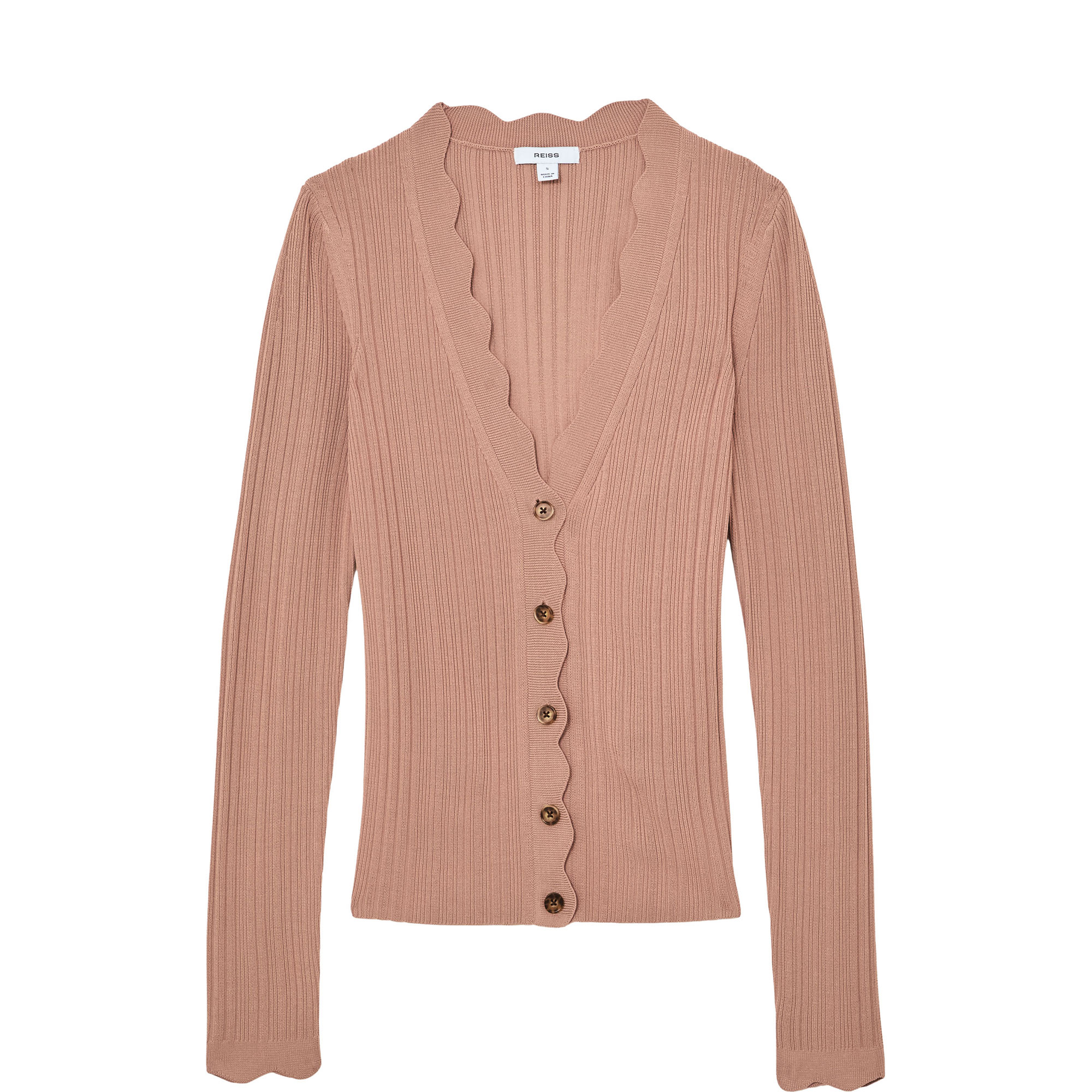 Vinny Rib-Knit Scallop-Trim Cardigan