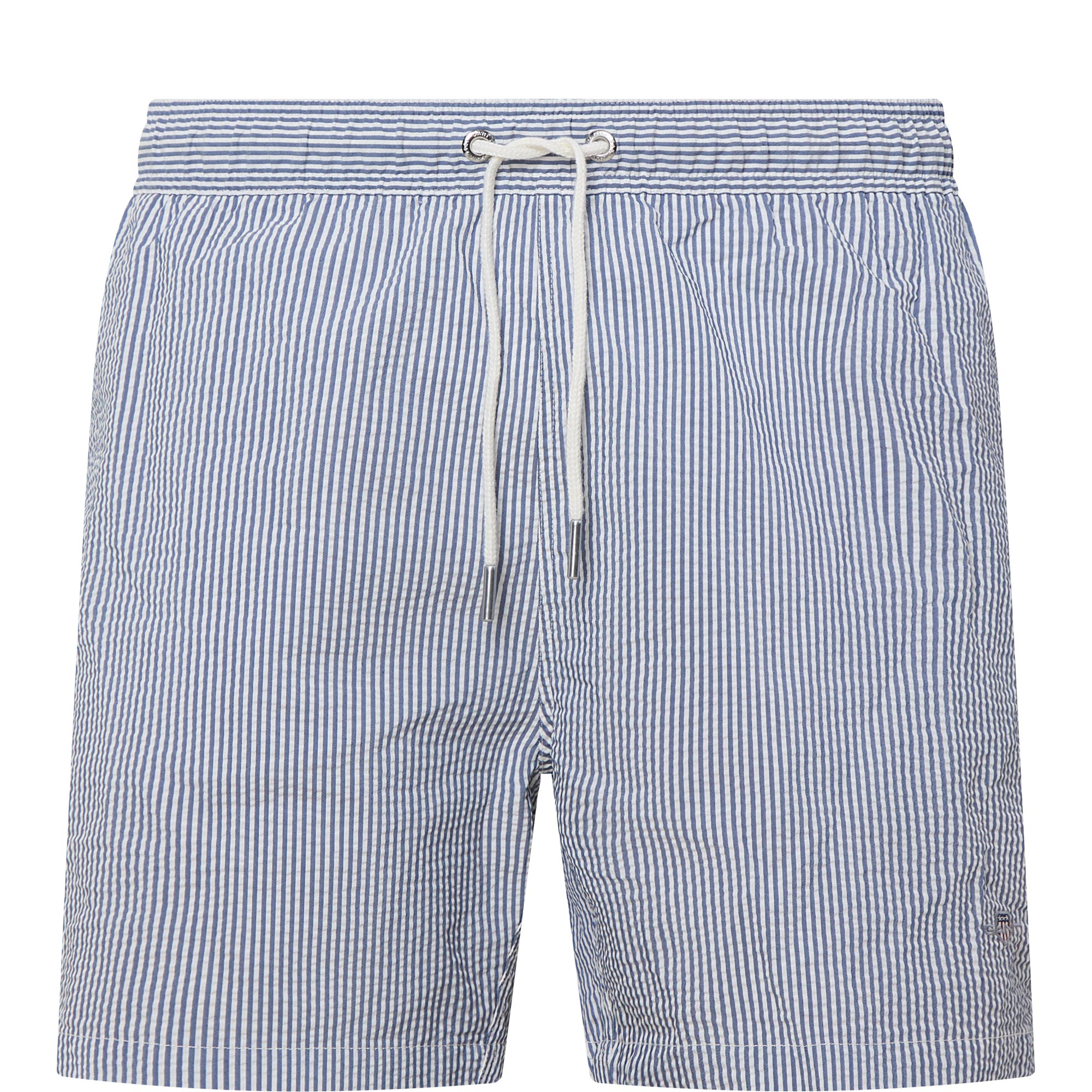 Shield Logo Seersucker Striped Swim Shorts