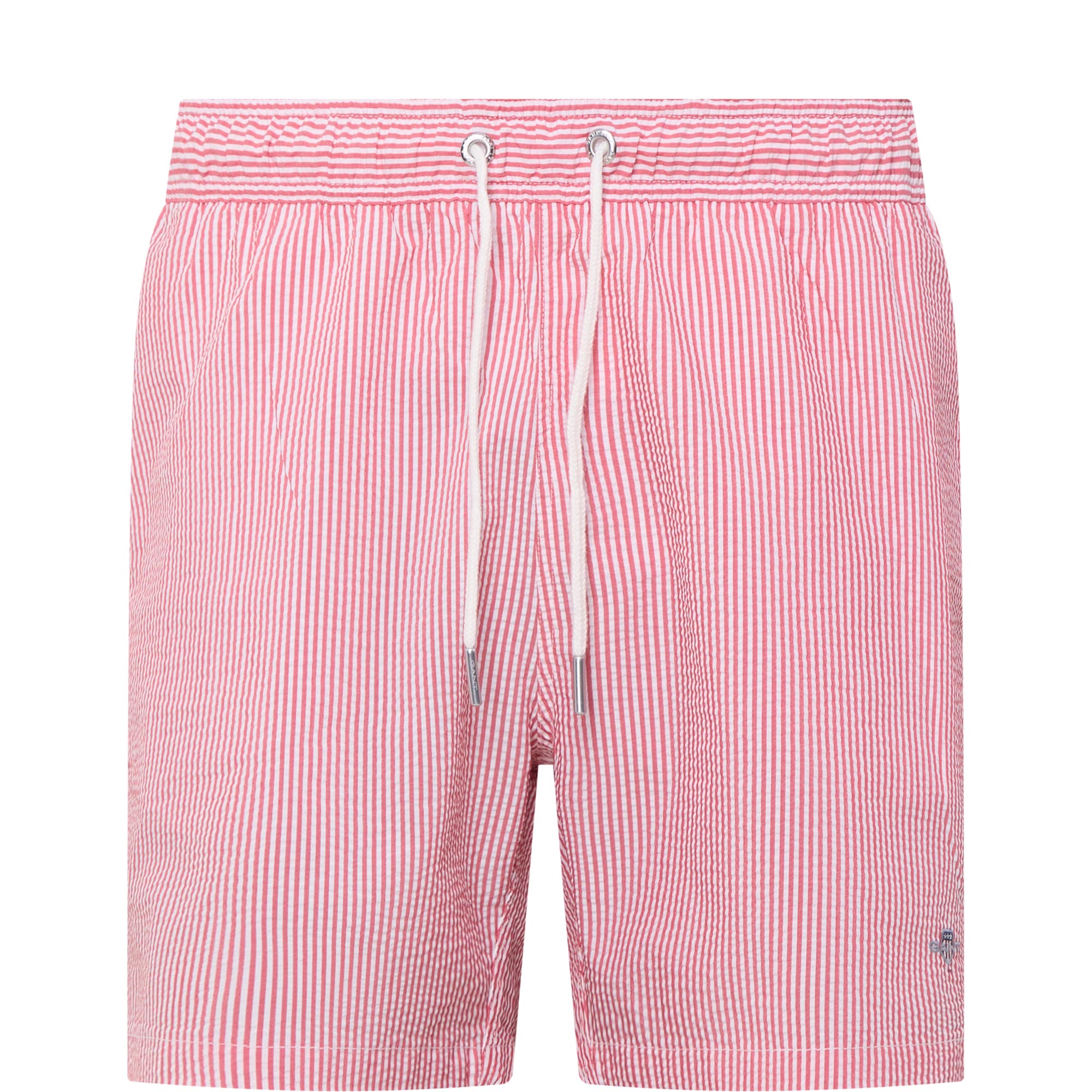 Shield Logo Seersucker Striped Swim Shorts