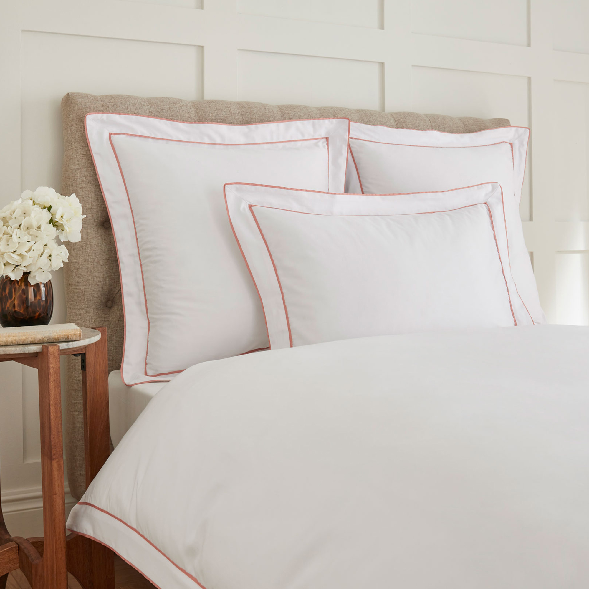 400 Thread Count Double Tape Edge Square Pillowcase Pair White on Coral