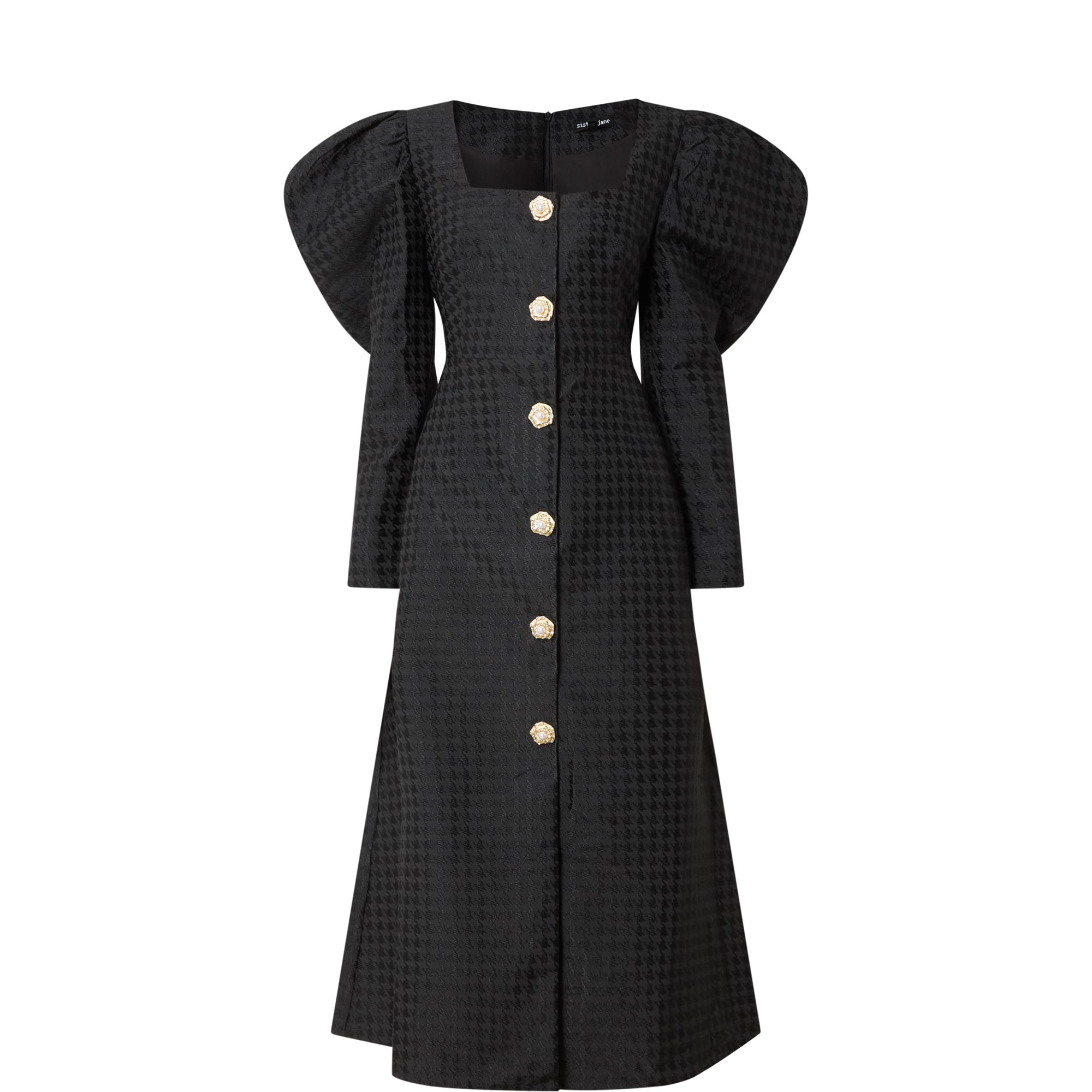 Cinematic Puff-Sleeve Jacquard Flared Dress