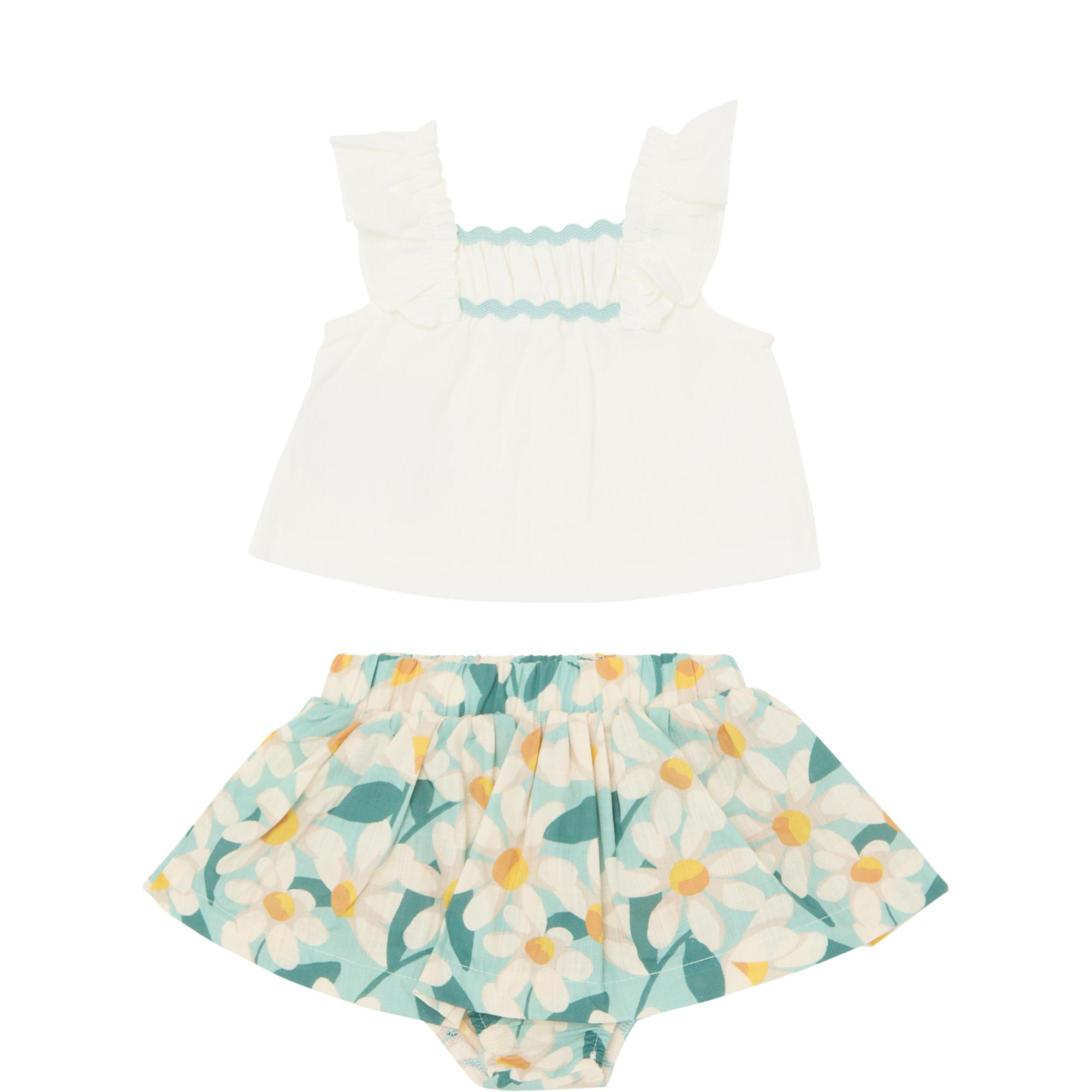 Ruffle Trim T-Shirt & Daisy Print Skirt Two-Piece Set