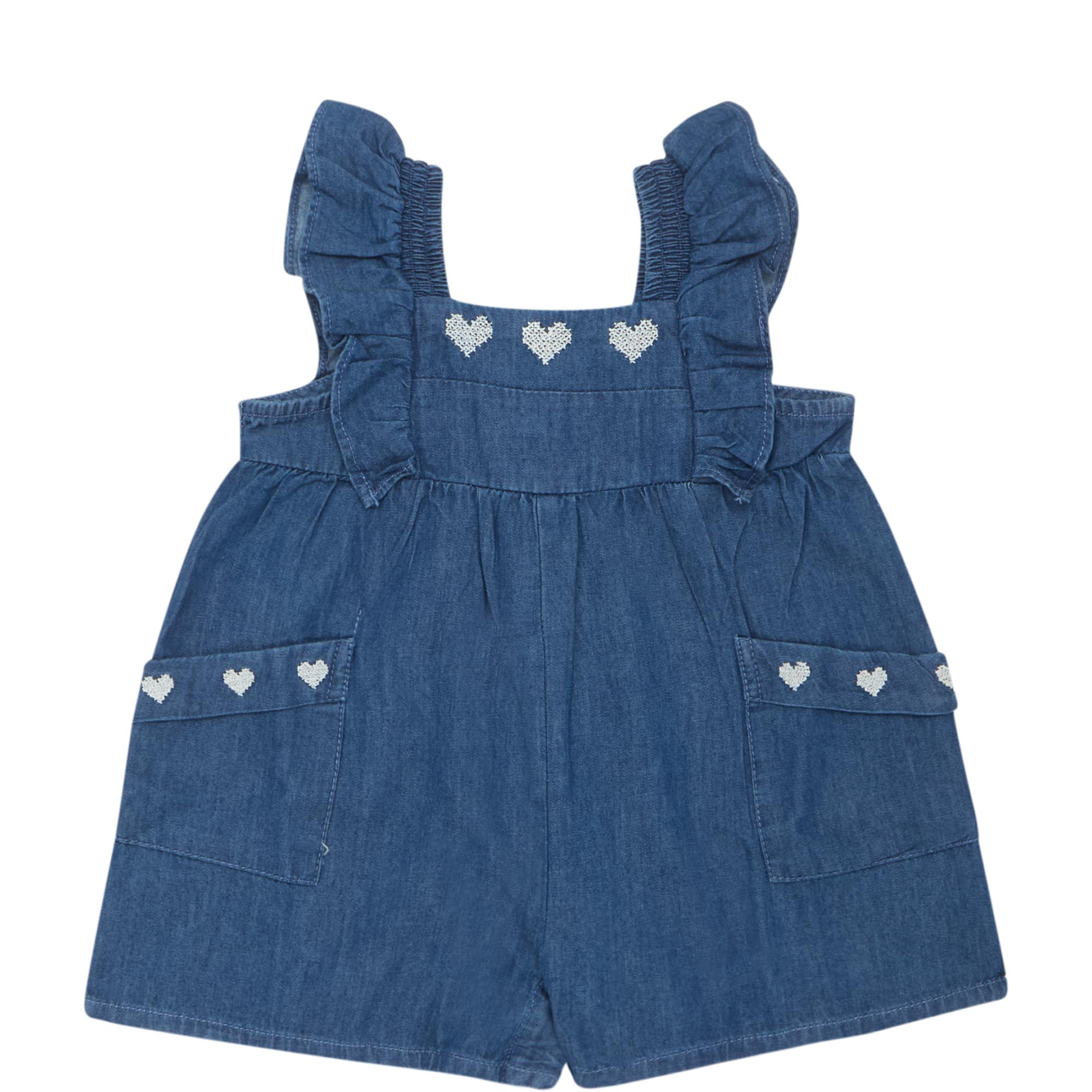 Heart Embroidered Denim Romper