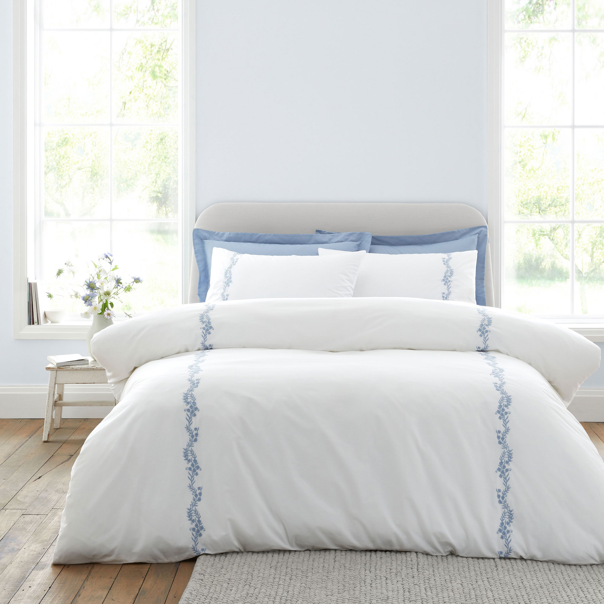 Camille Embroidered Floral Duvet Set White and Blue