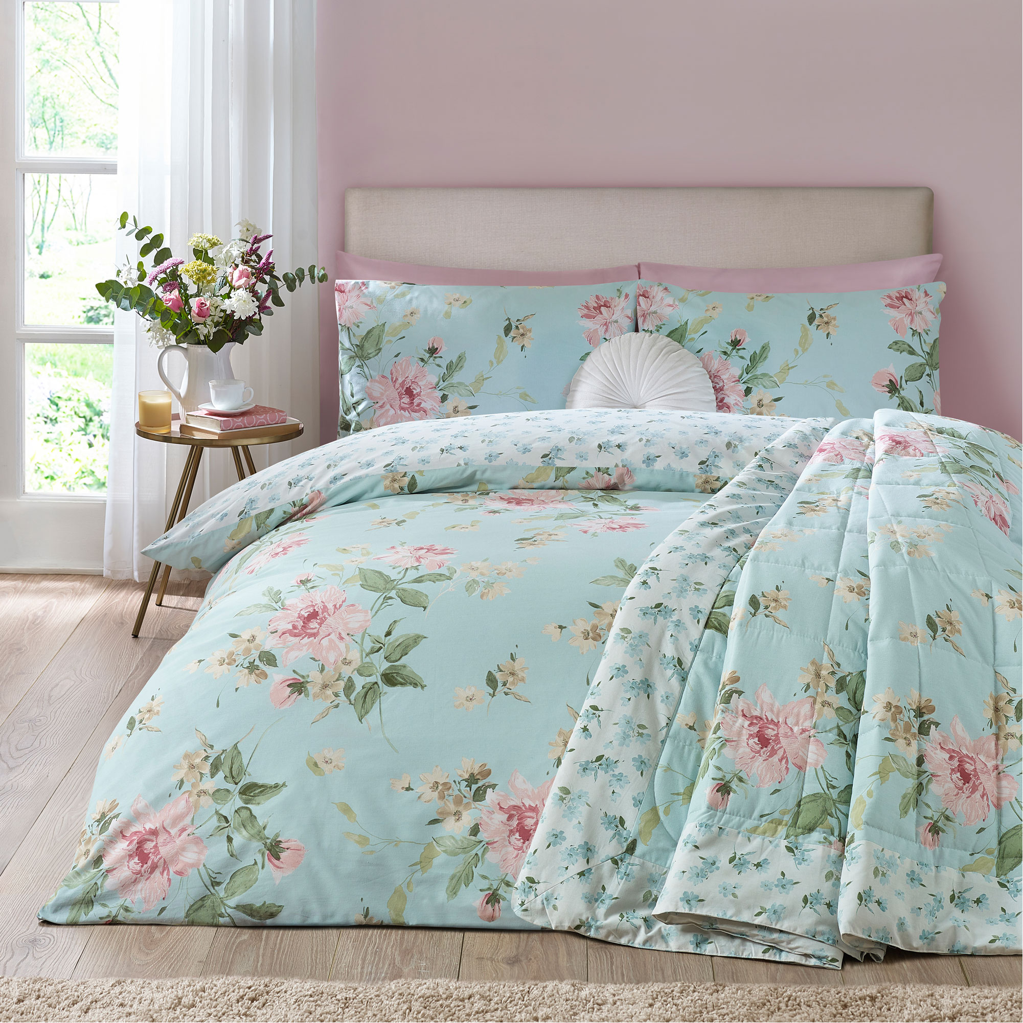 Avebury Floral Coordinated Bedding Duck Egg