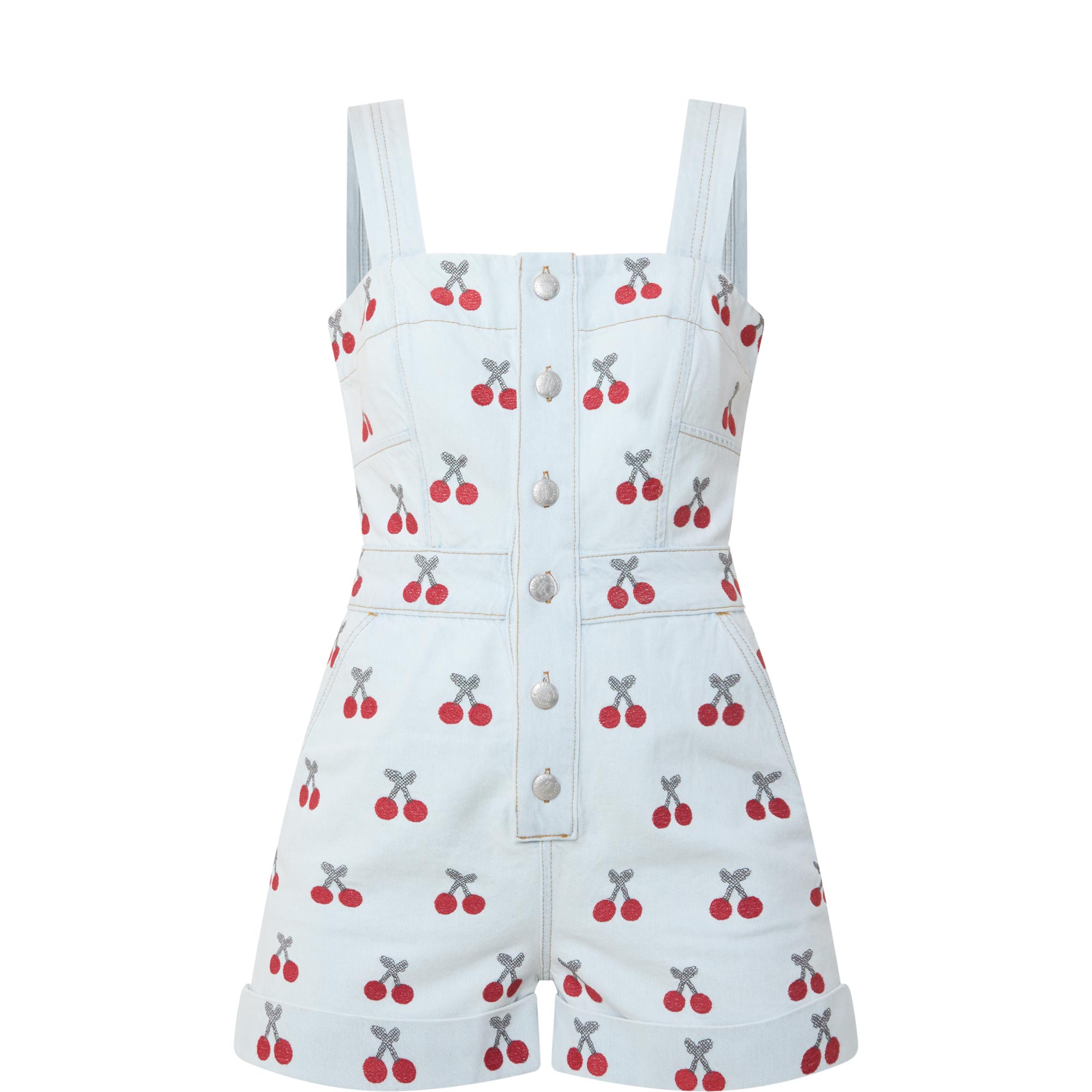 Cherry Embroidered Denim Romper