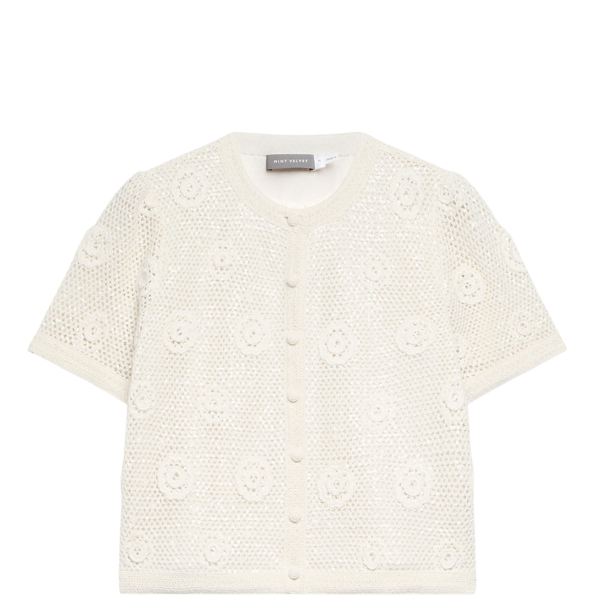 Neutral Sequin Floral Crochet Top