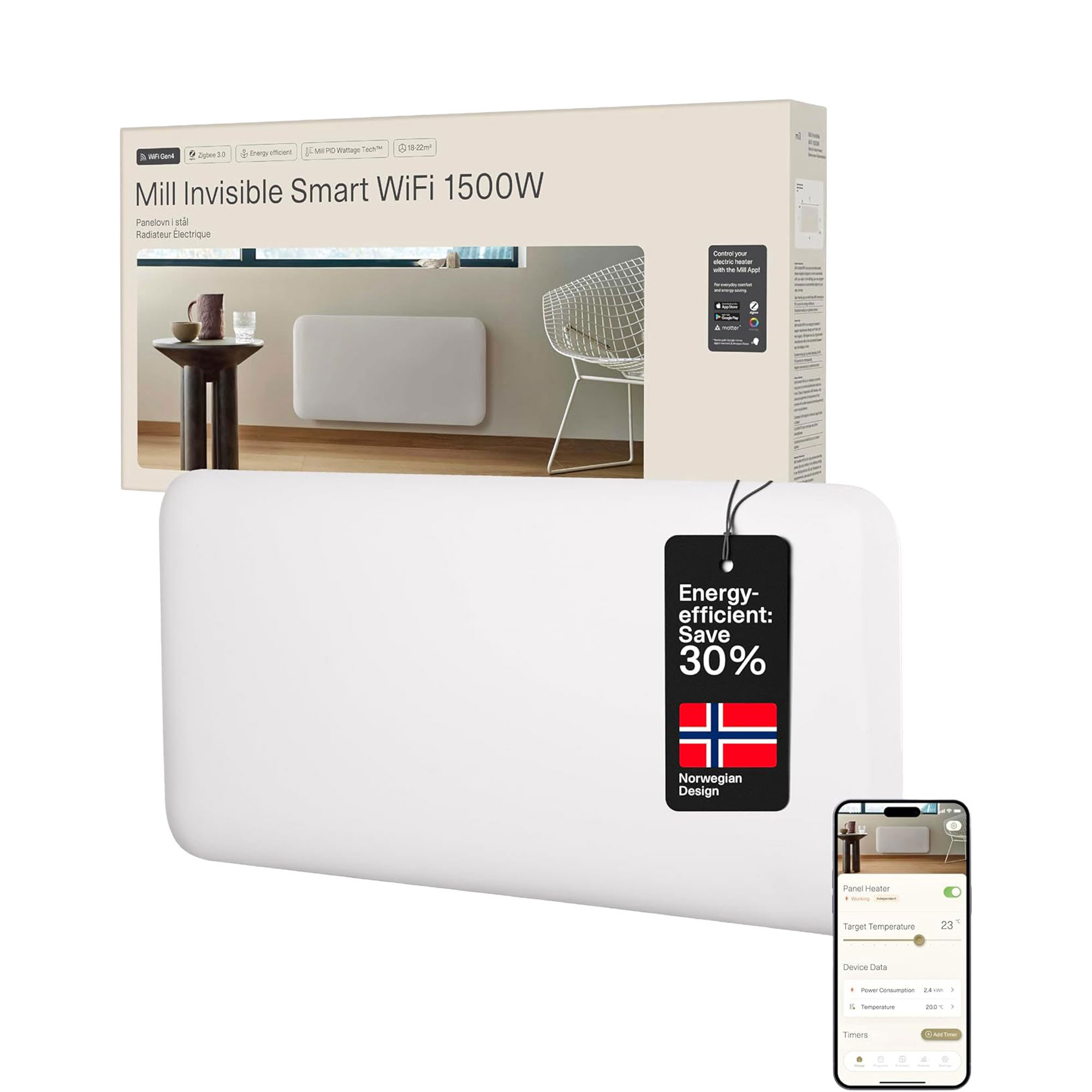 Invisible Smart WiFi Panel Heater 1500W Portable and Wall-Mounted
