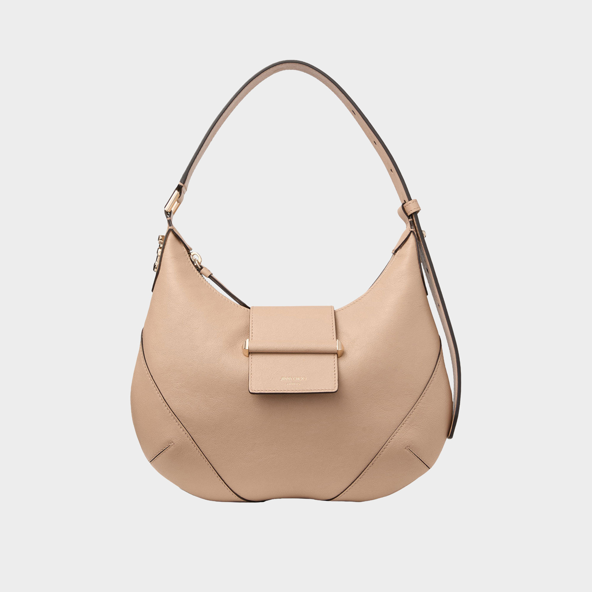 Jimmy Choo Bar Hobo Small Shoulder Bag in pink biker leather with polished gold-tone bar detail and adjustable shoulder strap