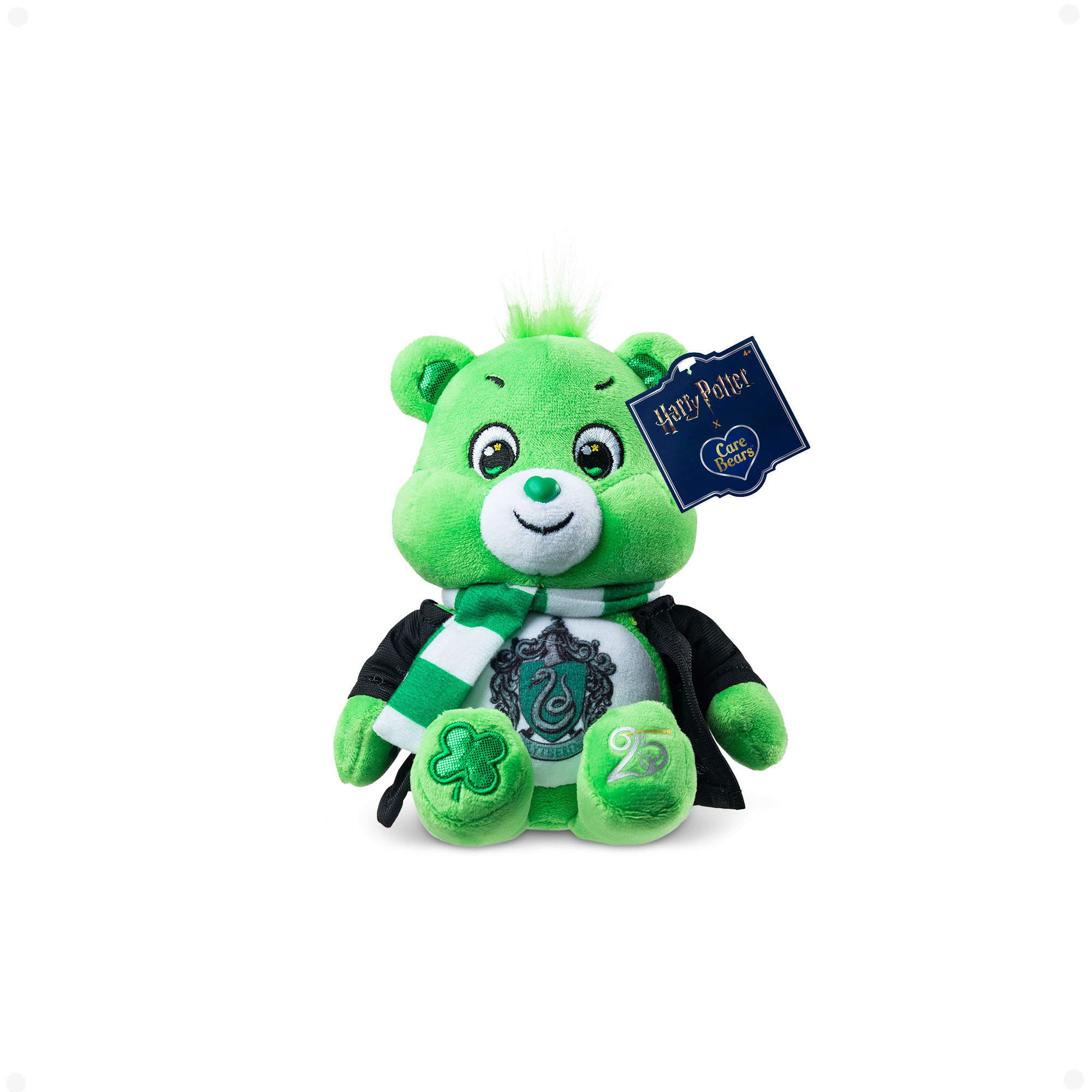 Care Bears Harry Potter Slytherin green bear plush toy with black cape and silver crest badge, seated pose with tags attached