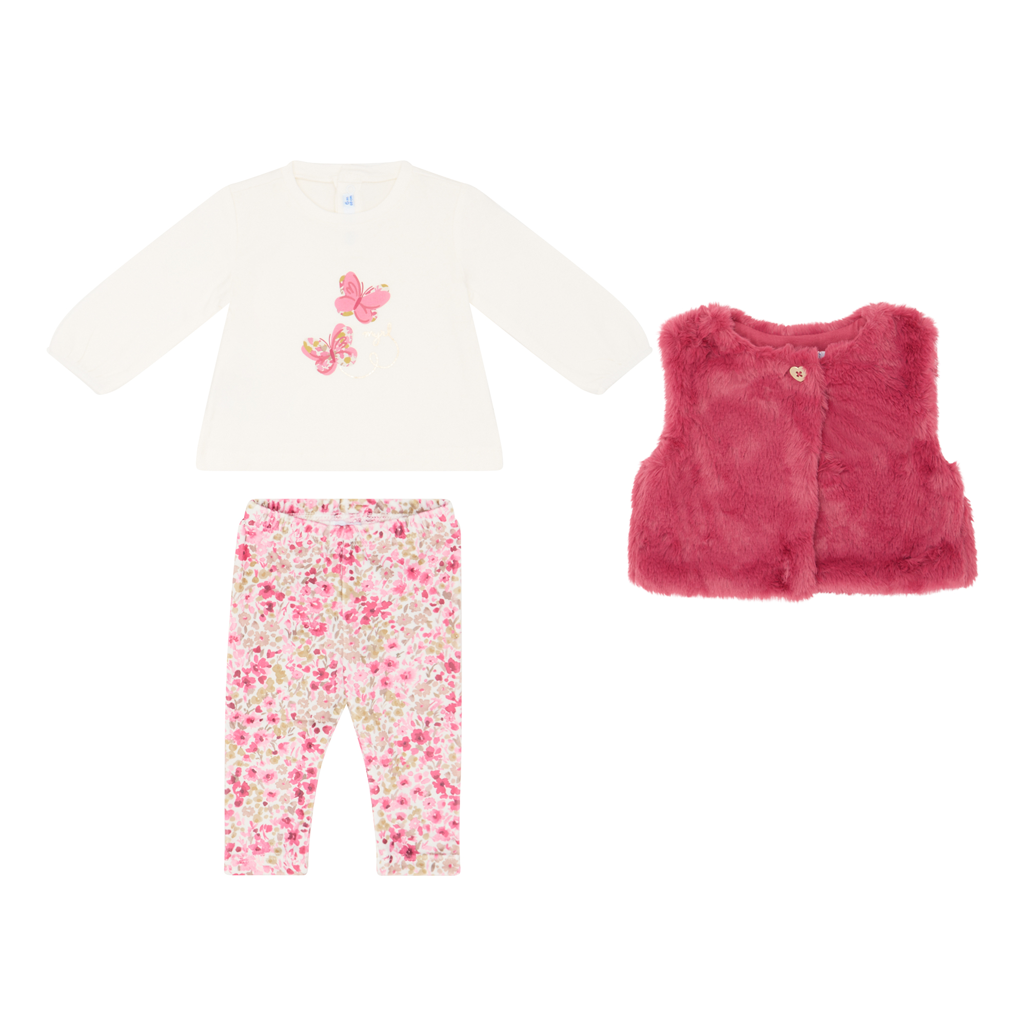Mayoral Floral Top, Trousers & Faux Fur Gilet Set