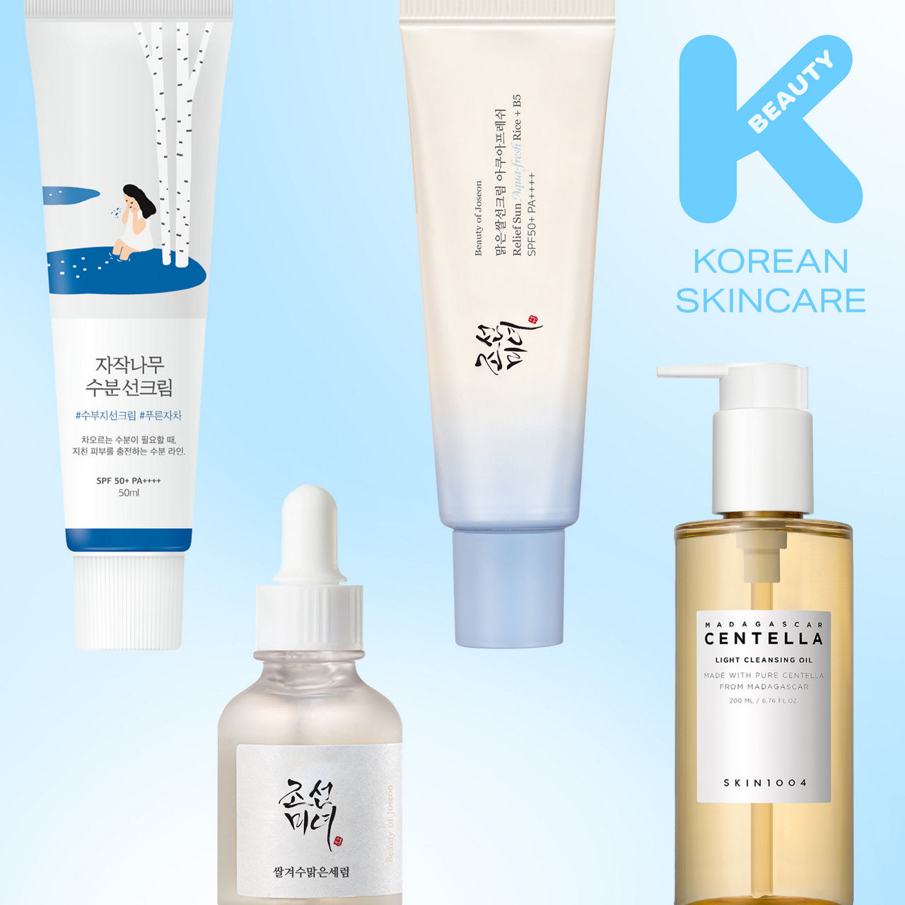 Various Korean skincare products, including creams and a cleansing oil, displayed against a light blue background.