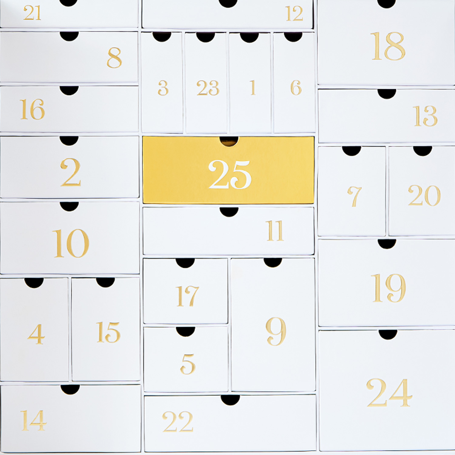 A luxury advent calendar with numbered drawers on a golden background.