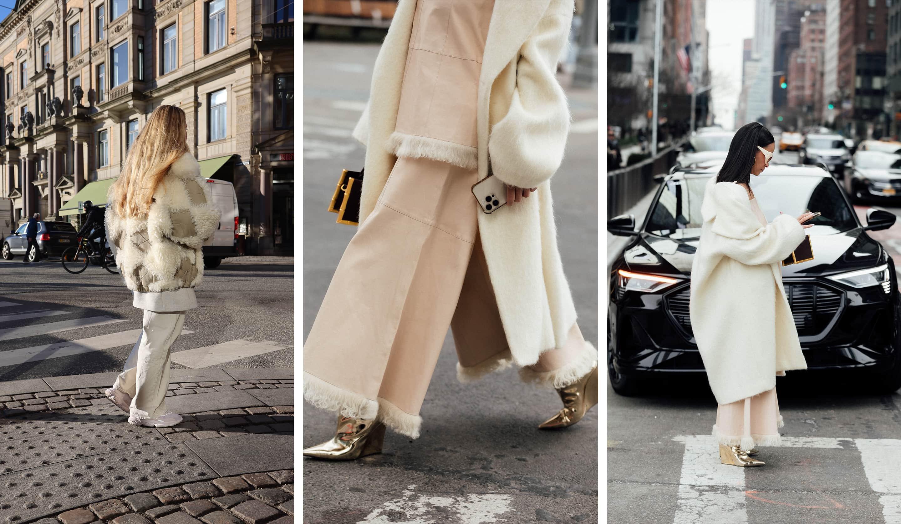 Three people wearing stylish winter outfits crossing city streets, each with a focus on white or beige coats and fashionable footwear.