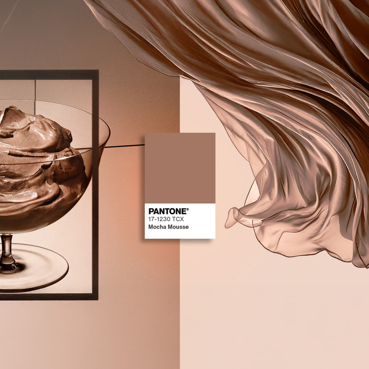A Pantone color swatch of 'Mocha Mousse' (17-1230 TCX) with a dessert image and flowing fabric in matching tones.