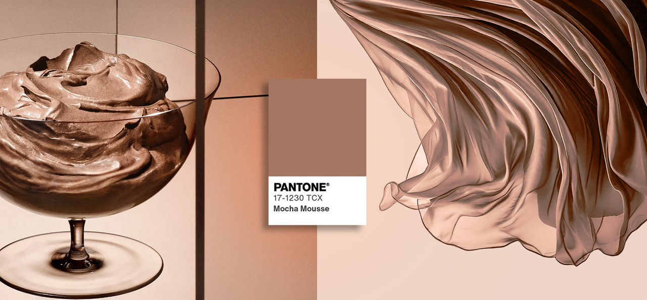 women in blue curtains with peach pantone