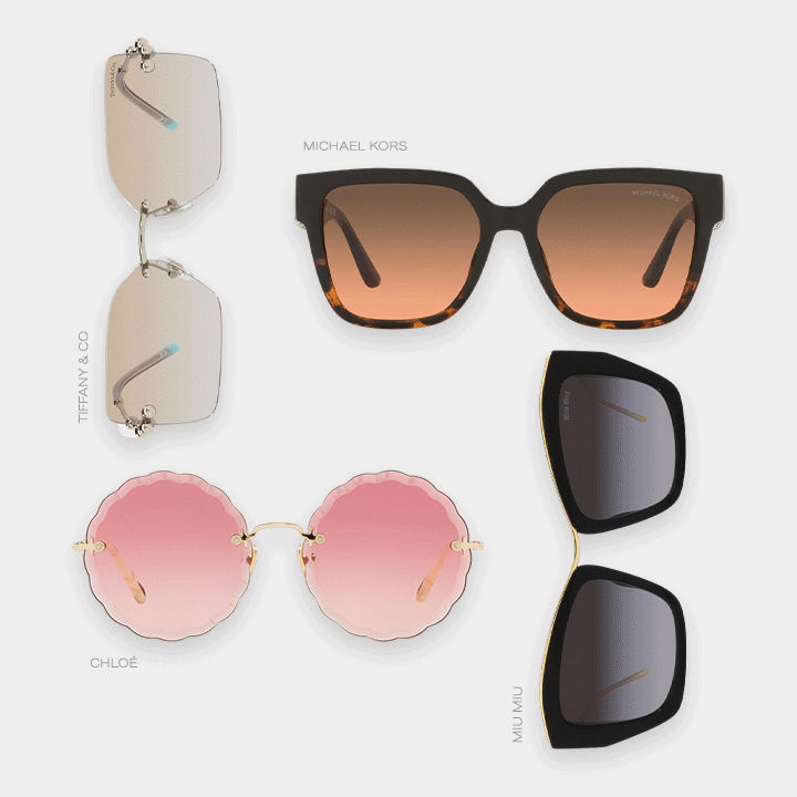 Four designer sunglasses from Tiffany & Co, Michael Kors, Chloé, and Miu Miu in various styles and lens colors.