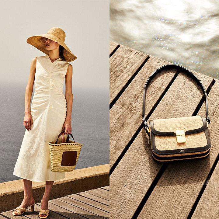 A woman in a white dress and straw hat, a handbag on a wooden deck, and a man in a patterned shirt sitting outdoors.