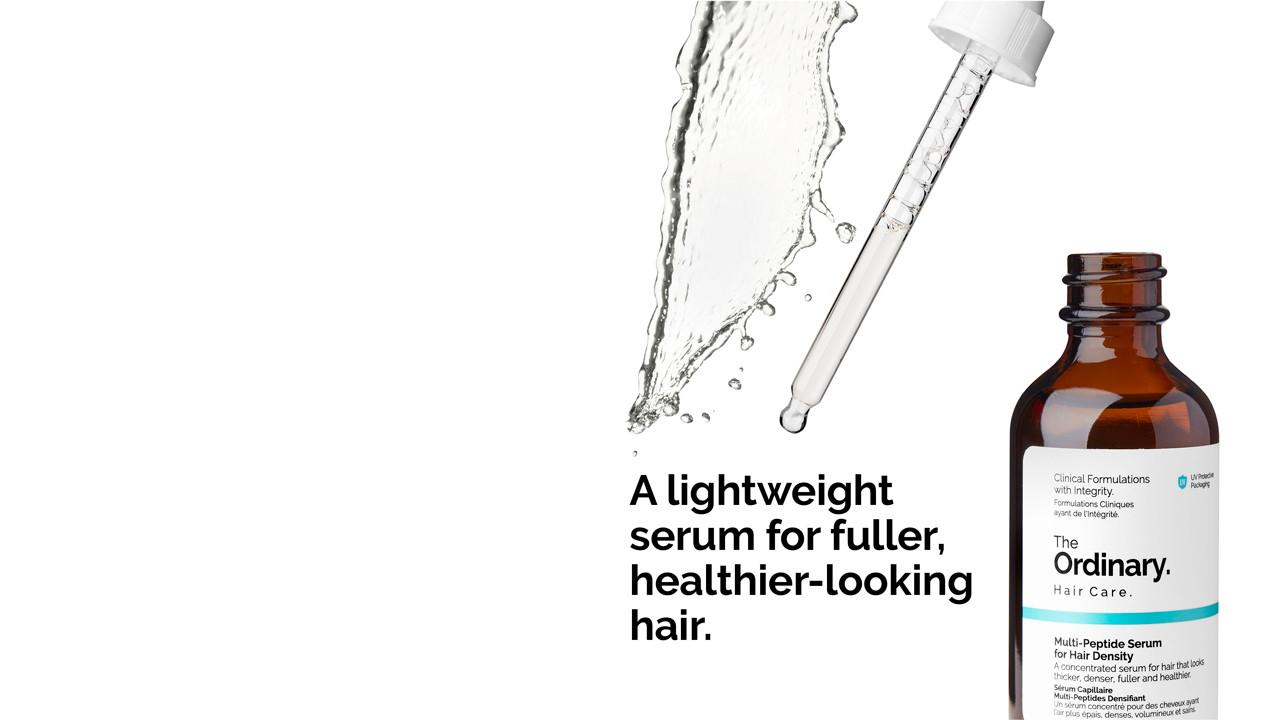 Image of The Ordinary hair serum bottle and dropper with text: 'A lightweight serum for fuller, healthier-looking hair.'

