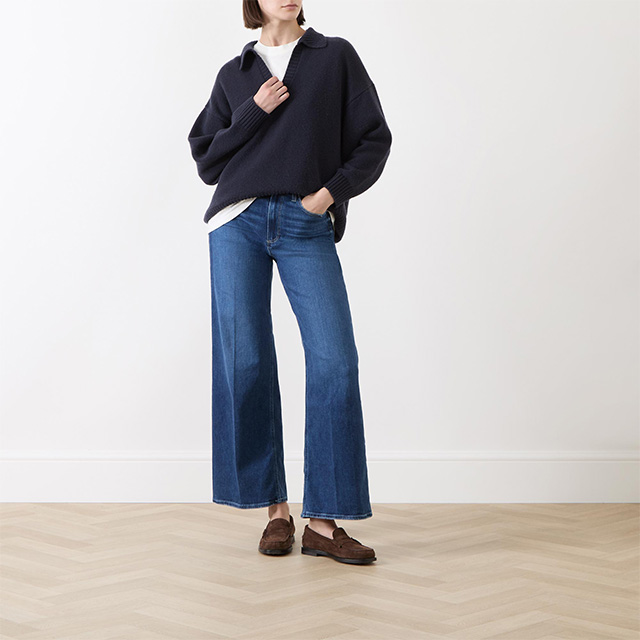 Person wearing a dark sweater, white shirt, wide-leg jeans, and brown shoes, standing on a herringbone wood floor with a plain background.